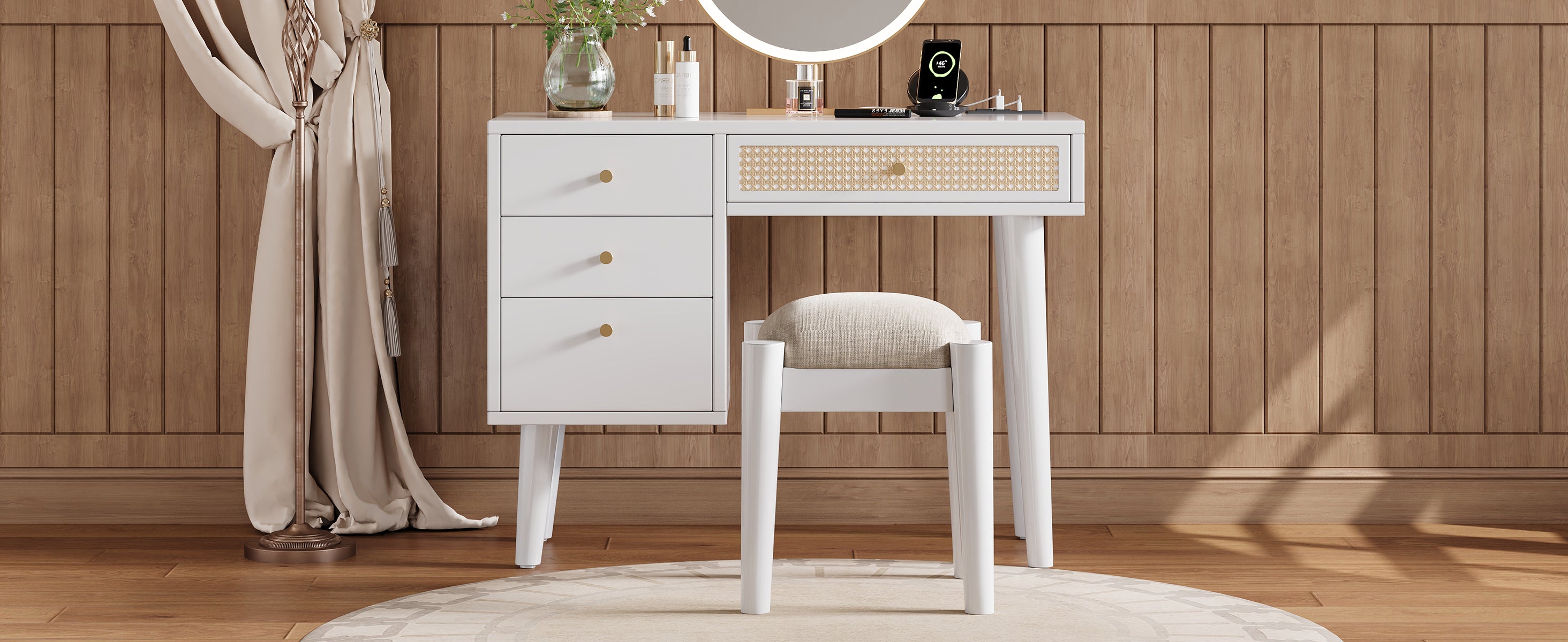 HAOYYE 39" Retro Bohemian Style Wooden Makeup Vanity Set with Charging Plug&USB Port and Stool, Dressing Table with 3 Storage Drawers and 1 Rectangular Rattan Drawer, White