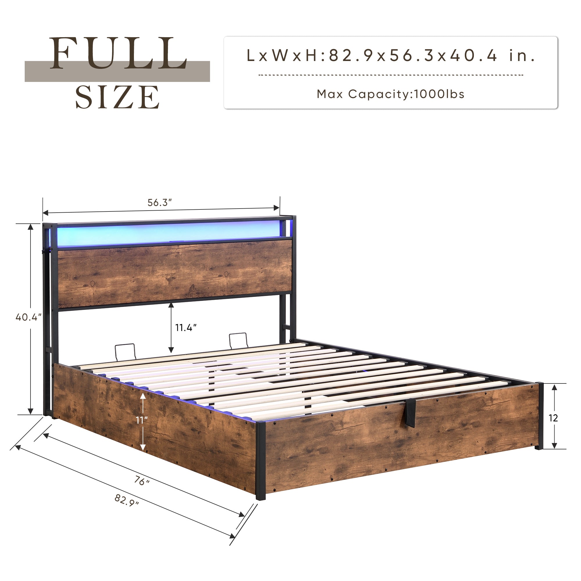 HAOYYE Lift-up Storage Bed Frame, Full Size Bed Frame with Bookcase Headboard & LED Lights, Wooden Platform Bed Frame with Charging Station, No Spring Box Needed, Rustic Brown Sturdy Space-Saving Heavy Duty