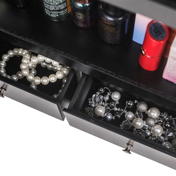 HAOYYE Jewelry Storage Cabinet With Blue LED Light, Upright Jewelry Organizer Cabinet Featuring Full-Length Mirror, Multiple Compartments For Necklaces, Rings, Earrings, Bracelets, Durable Black Finish For Home Use