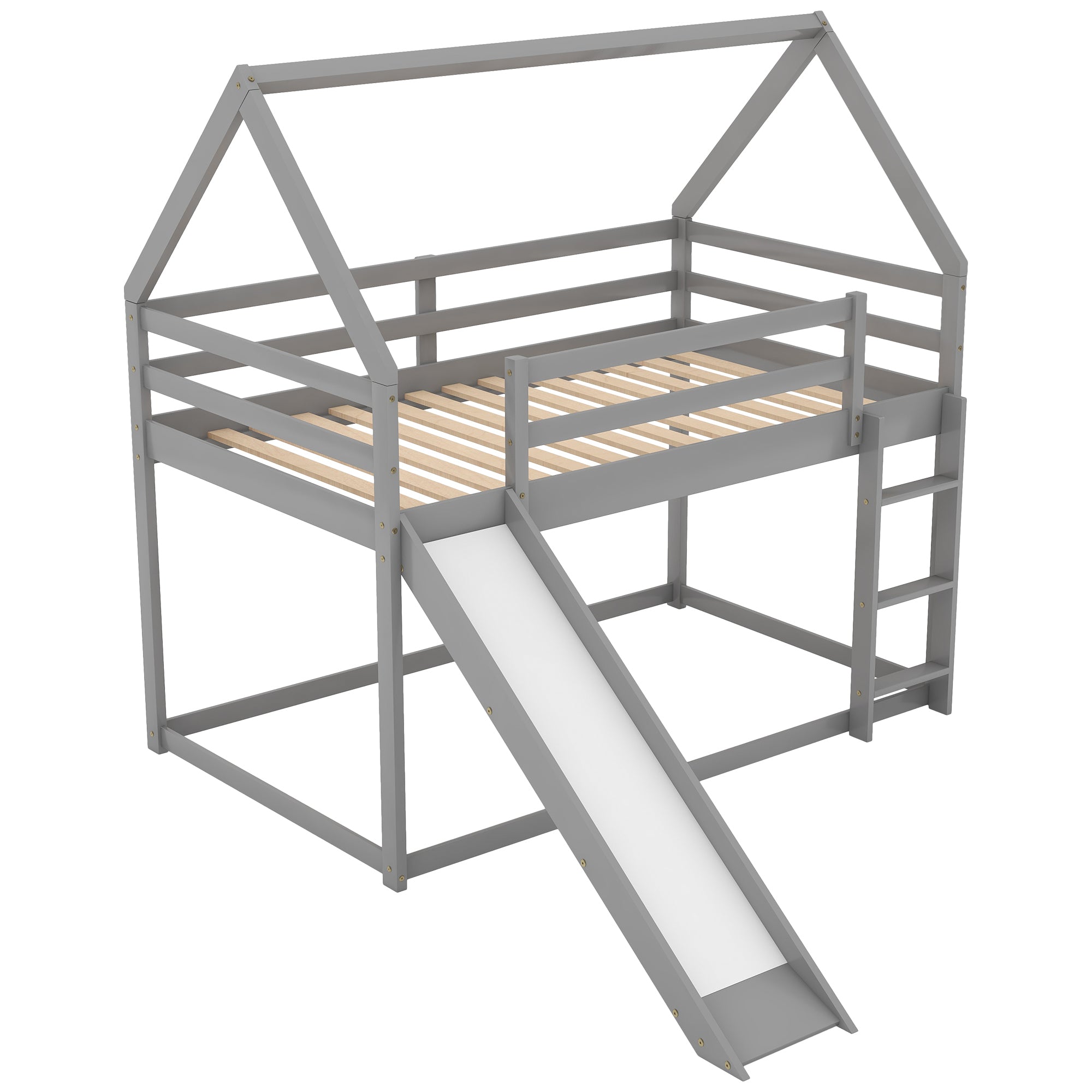 HAOYYE Twin Size Bunk House Bed with Slide and Ladder,Gray Sturdy Space-Saving Heavy Duty Modern Design Adults Dorm Room Easy Assembly Bedroom Furniture