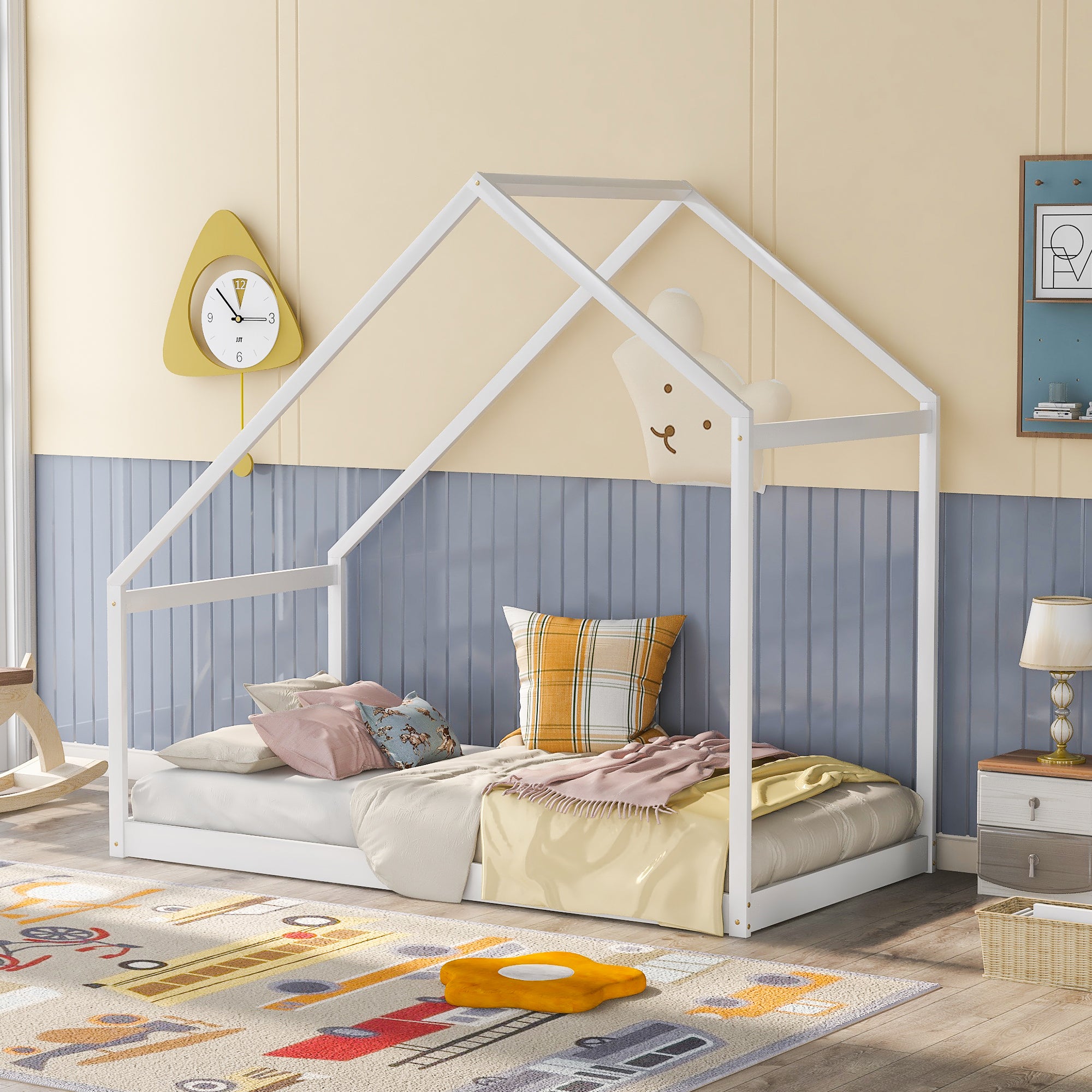HAOYYE Twin Size Wooden House Bed, WHITE Sturdy Space-Saving Heavy Duty Modern Design Adults Dorm Room Easy Assembly Bedroom Furniture
