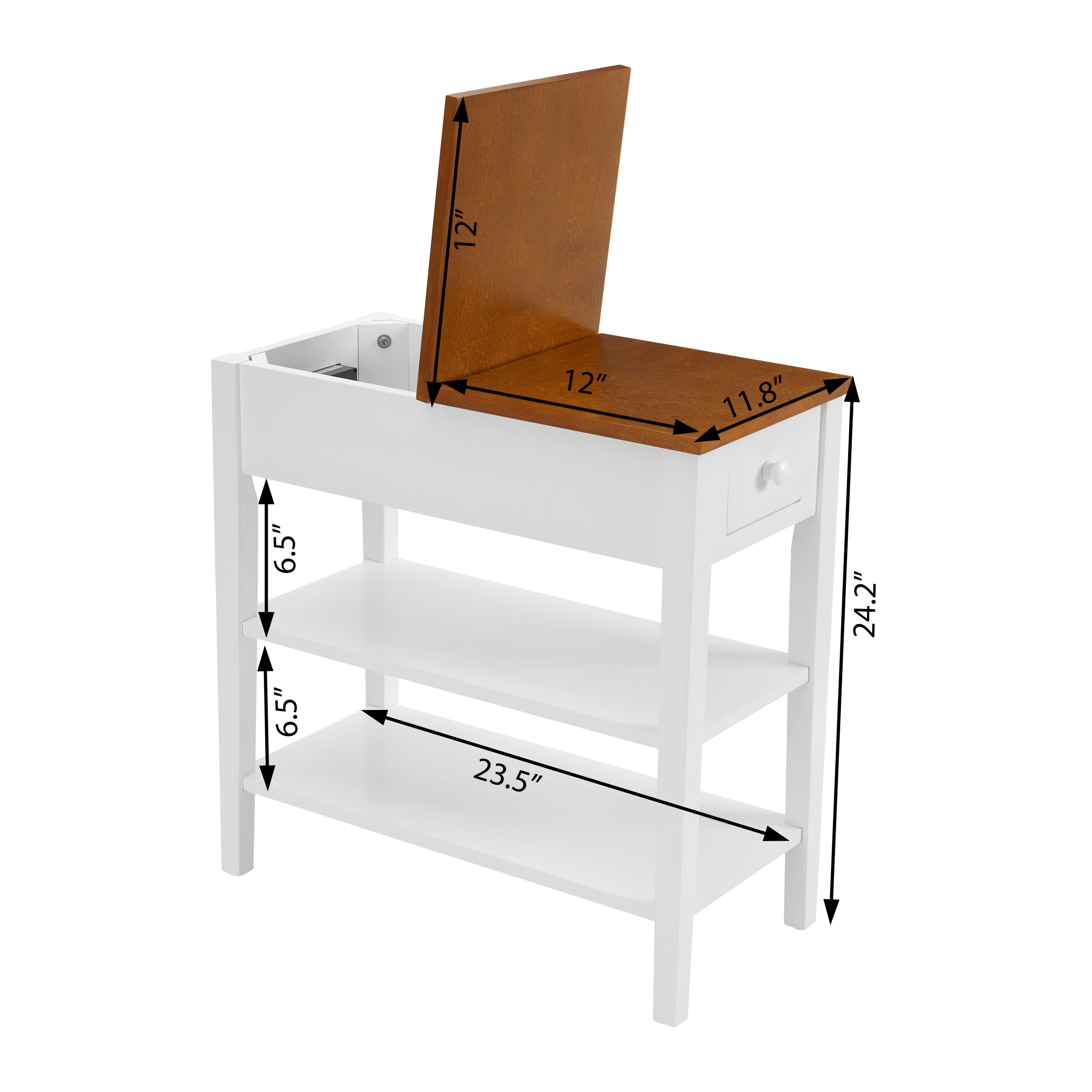HAOYYE Narrow 2-tone End Table with USB Charging Ports for Small Space, SOLID WOOD Table Legs, White and Walnut, 11.8"W*24"D*24.2"H Sturdy Space-Saving Heavy Duty Modern Design Adults Dorm Room