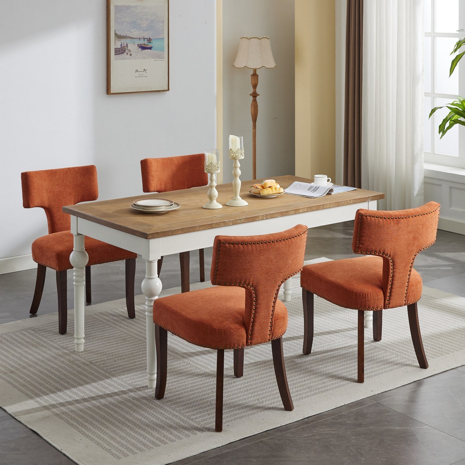 HAOYYE Mid Century Modern Dining Chairs Set of 2, Farmhouse Linen Fabric Upholstered Accent Chair Curved Backrest with Copper Nails around,Kitchen Chairs with Hardwood Frame, Orange Sturdy Space-Saving