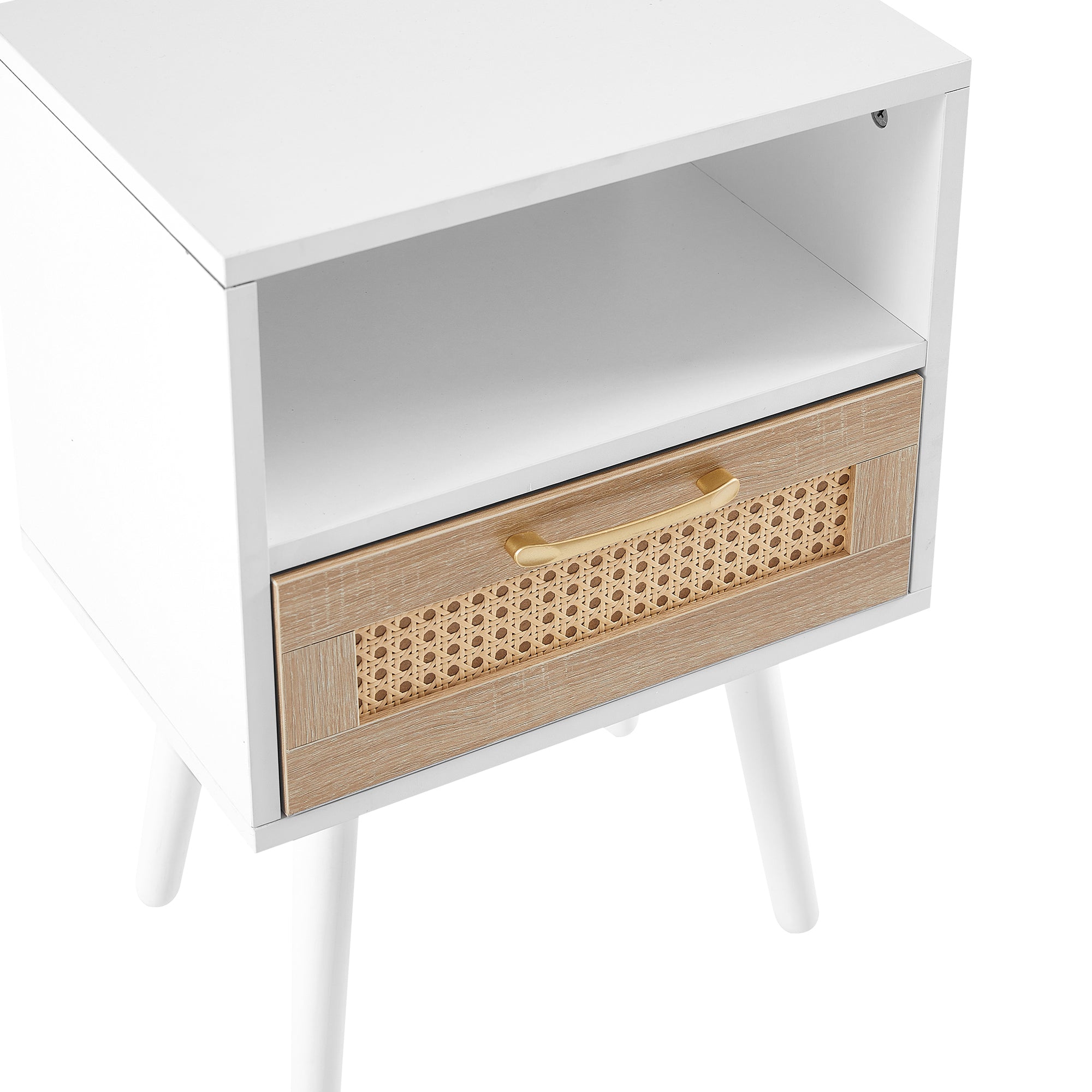 HAOYYE Rattan End Table With Drawer And Solid Wood Legs, Modern Nightstand For Bedroom And Living Room, Sturdy Space-Saving Heavy Duty Design, Easy Assembly, White