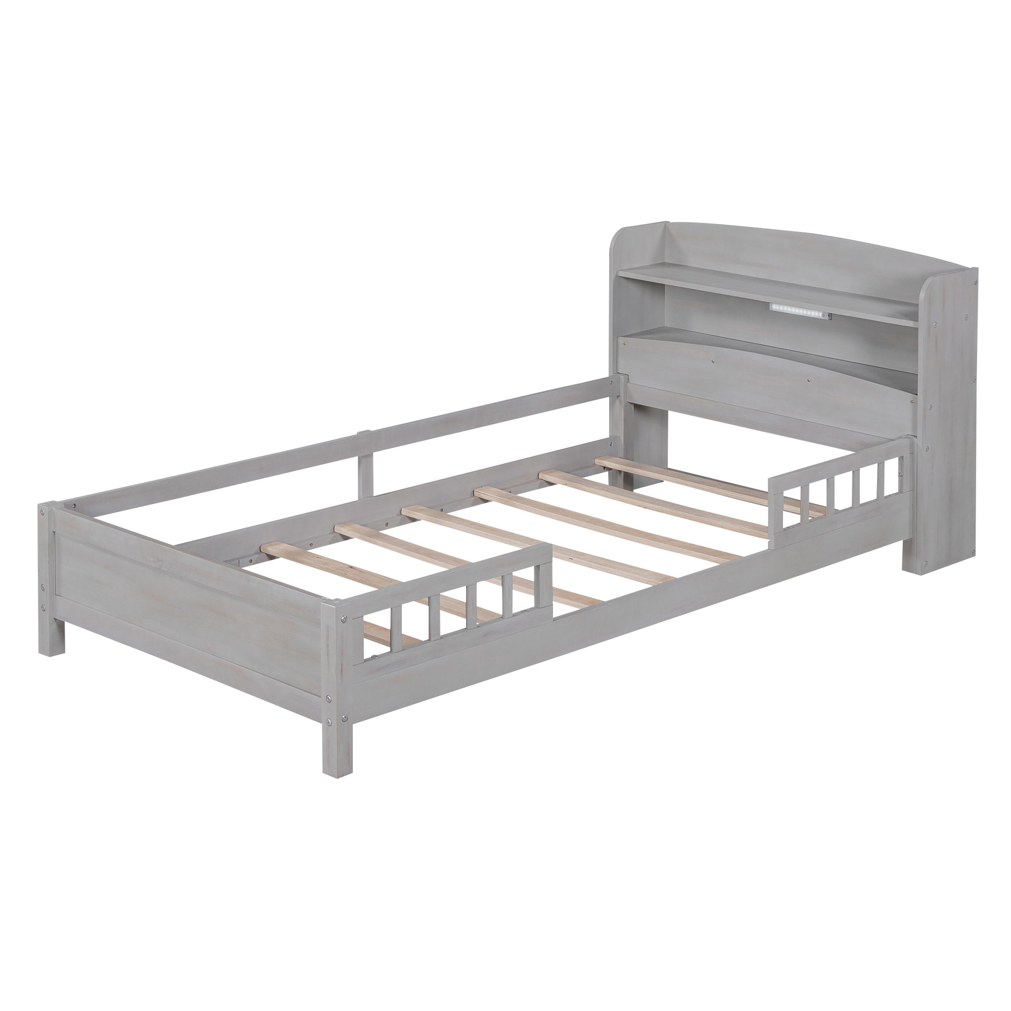 HAOYYE Wood Twin Size Platform Bed with Built-in LED Light, Storage Headboard and Guardrail, Antique Grey Sturdy Space-Saving Heavy Duty Modern Design Adults Dorm Room Easy Assembly Bedroom Furniture