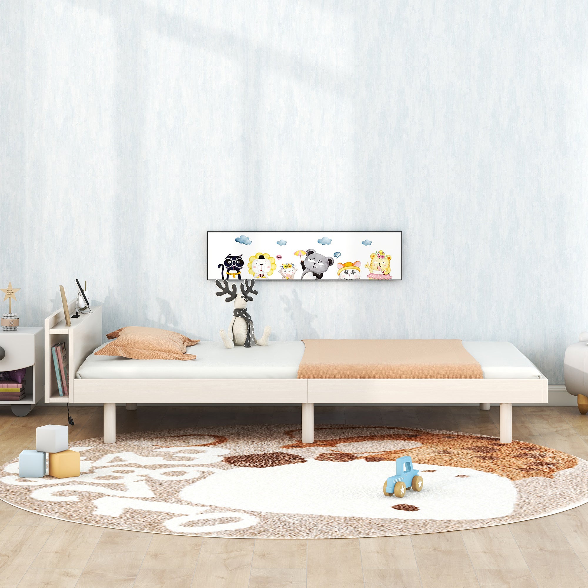 HAOYYE Modern Design Twin Size Platform Bed Frame with Built-in USB Ports for White Washed Color Sturdy Space-Saving Heavy Duty Adults Dorm Room Easy Assembly Bedroom Furniture