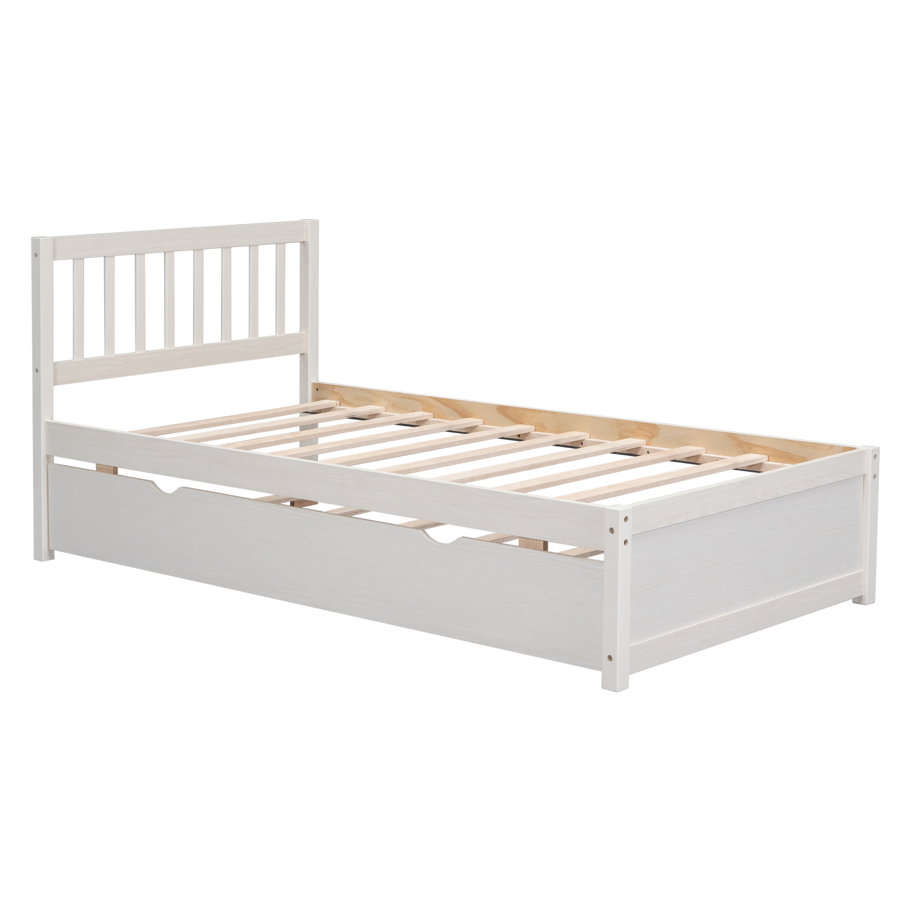 HAOYYE Wooden Twin Size Platform Bed Frame with Trundle for White Washed Color Sturdy Space-Saving Heavy Duty Modern Design Easy Assembly Durable Stylish Home Furniture Versatile
