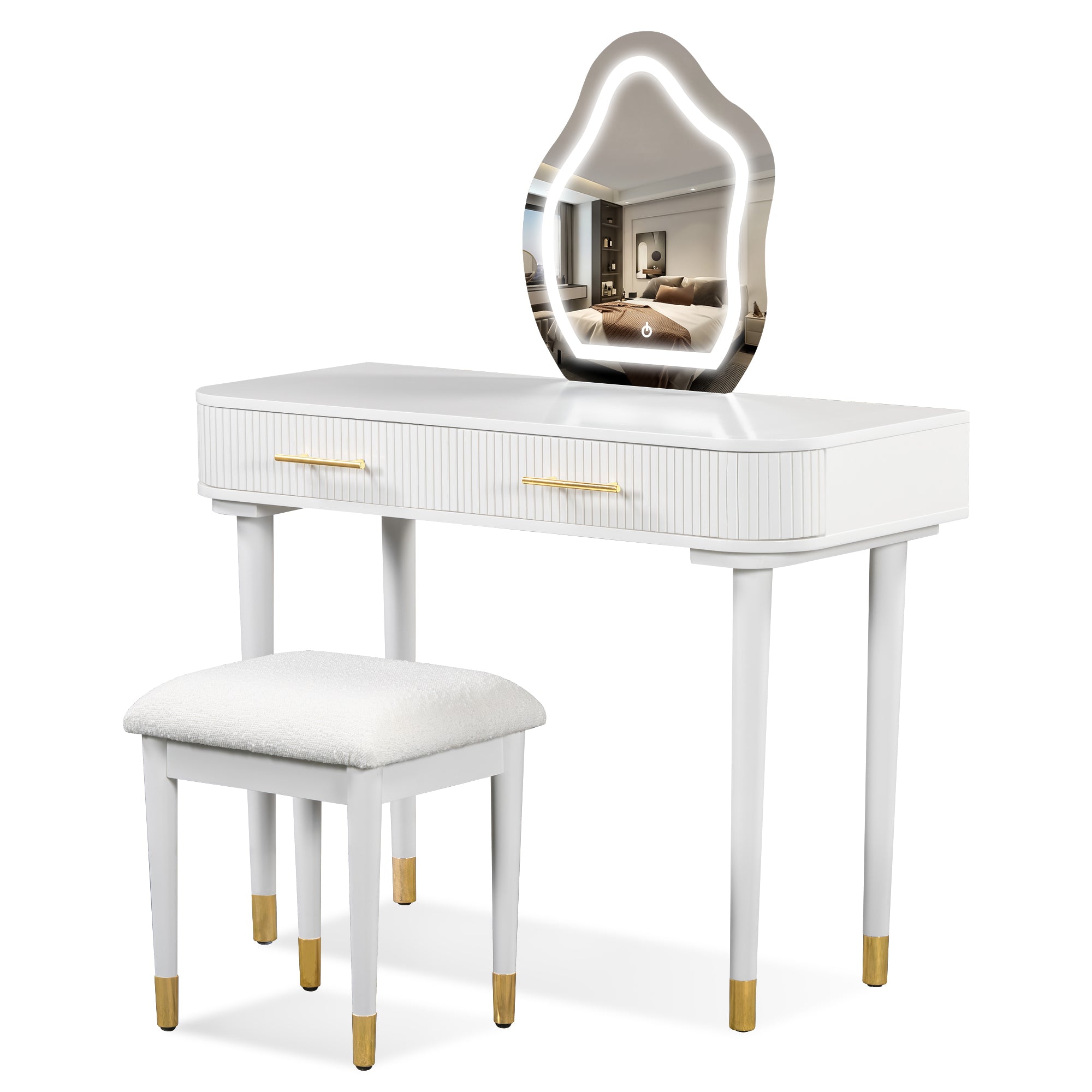 HAOYYE 40" Modern Vanity Table Set with Mirror Touch Screen Lighted Mirror, Dressing Table and Cushioned Stool Set with 2 Large Drawers, White