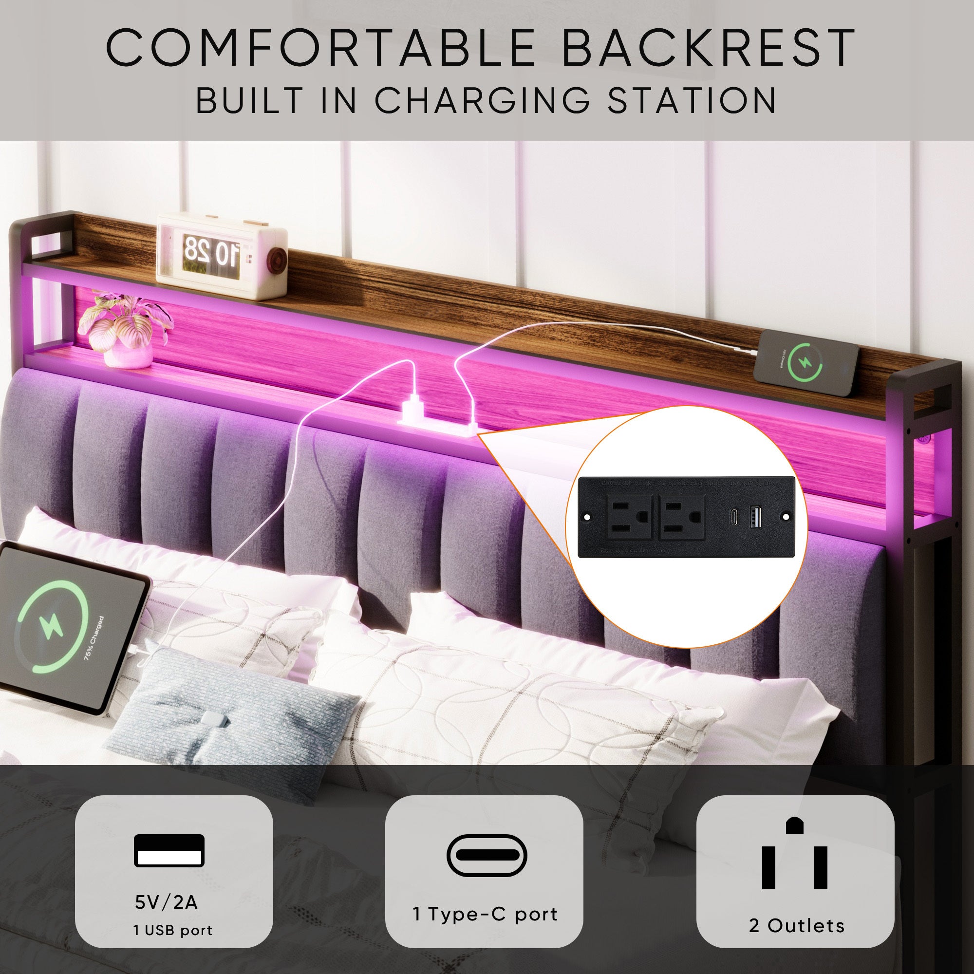 HAOYYE Queen Bed Frame with Storage Headboard and Drawers, LED Upholstered Platform Bed Frame with Built-in Charging Station, No Box Spring Needed, Easy Assembly, Sturdy and Space-Saving Design in Grey for Adults