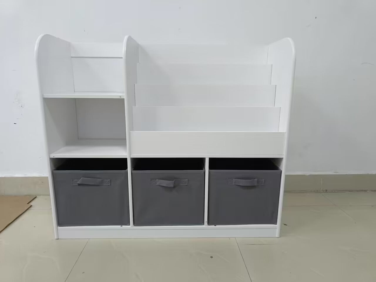 HAOYYE Bookcase and Bookshelf, Multifunctional Display Stand With 3 Collapsible Fabric Drawers, Toy Storage Organizer for Bedroom, Playroom, or Hallway, White/Gray, Sturdy Space-Saving Design