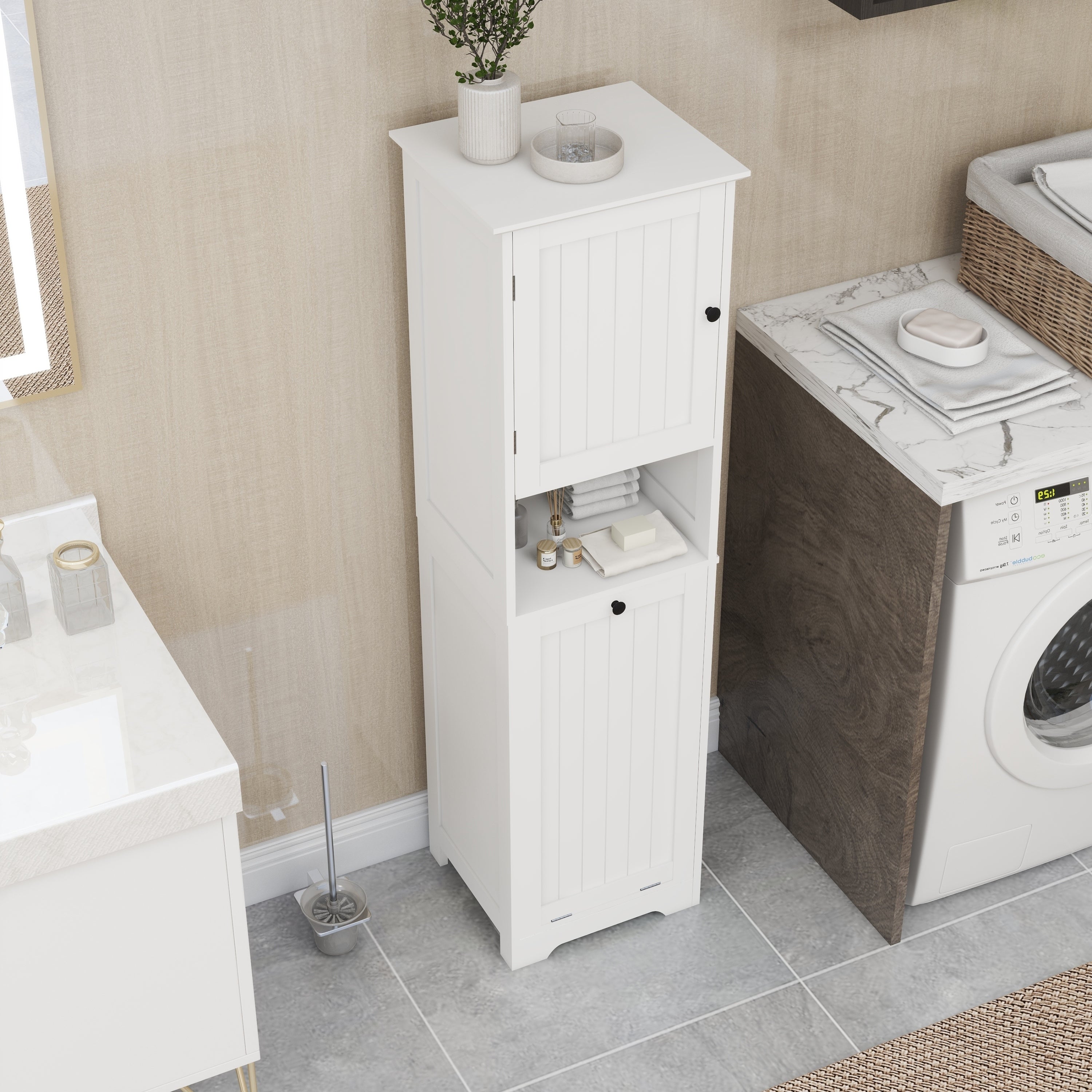 Haoyye One-Compartment Tilt-Out Laundry Sorter Cabinet, Modern Space-Saving Storage Unit with Removable Bag and Top Shelf, Sturdy MDF Construction with UV Finish, Stylish Organizer for Bathroom, Bedroom, or Laundry Room, Easy Assembly