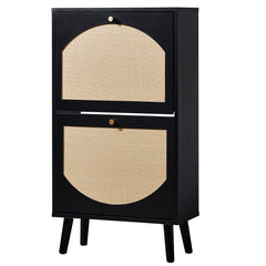 HAOYYE 2-Door Flip-Down Shoe Cabinet with High-Leg Arched Rattan Fronts, Durable Particle Board and Plastic Rattan Construction, Black Frame with Natural Wood Rattan Surface, Space-Saving Entryway Storage