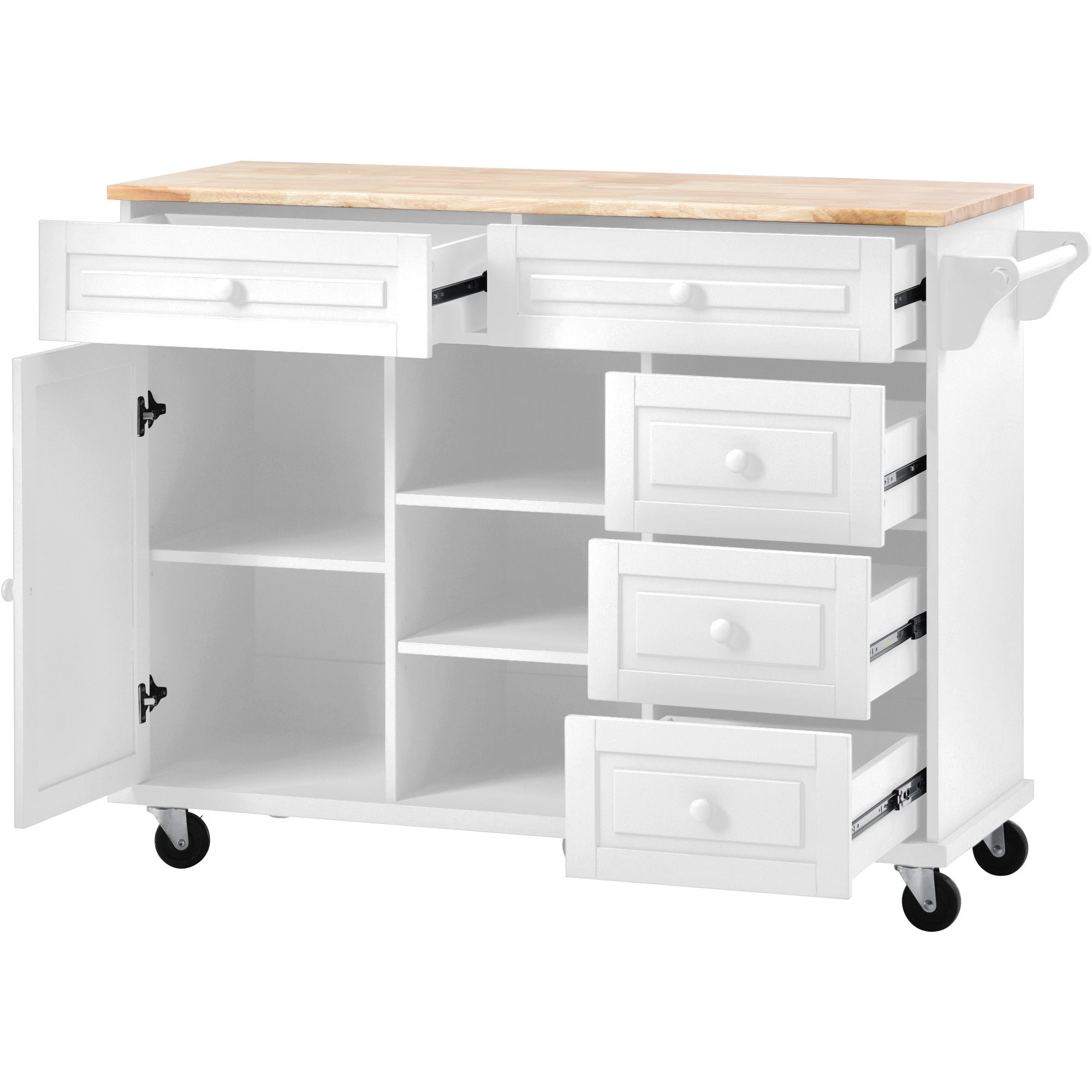HAOYYE Kitchen cart with Rubber wood desktop rolling mobile kitchen island with storage and 5 draws 53 Inch length(White) Sturdy Space-Saving Heavy Duty Modern Design Adults Dorm Room Easy Assembly