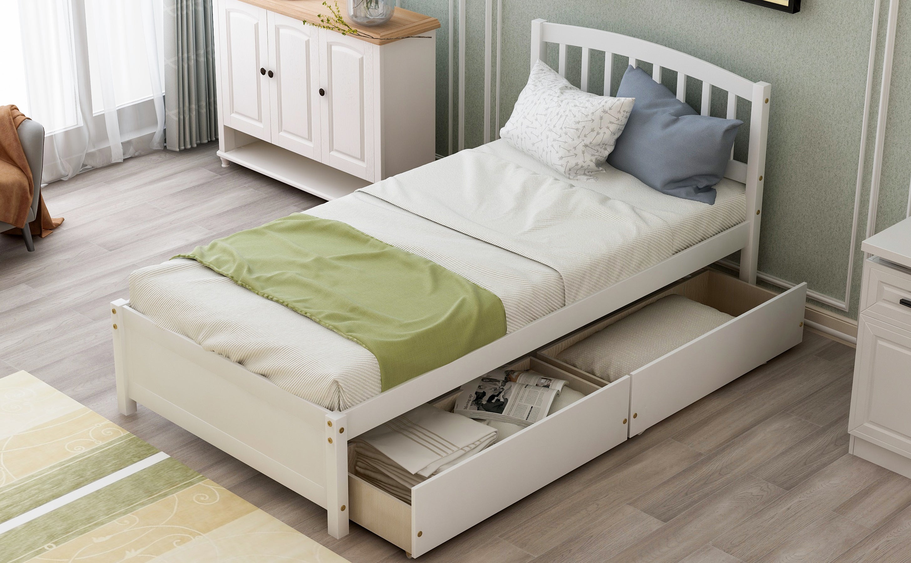 HAOYYE Twin Platform Bed Frame with Two Storage Drawers and Headboard, White, Sturdy Space-Saving Design, Heavy Duty Construction, Easy Assembly, Durable and Stylish Home Furniture