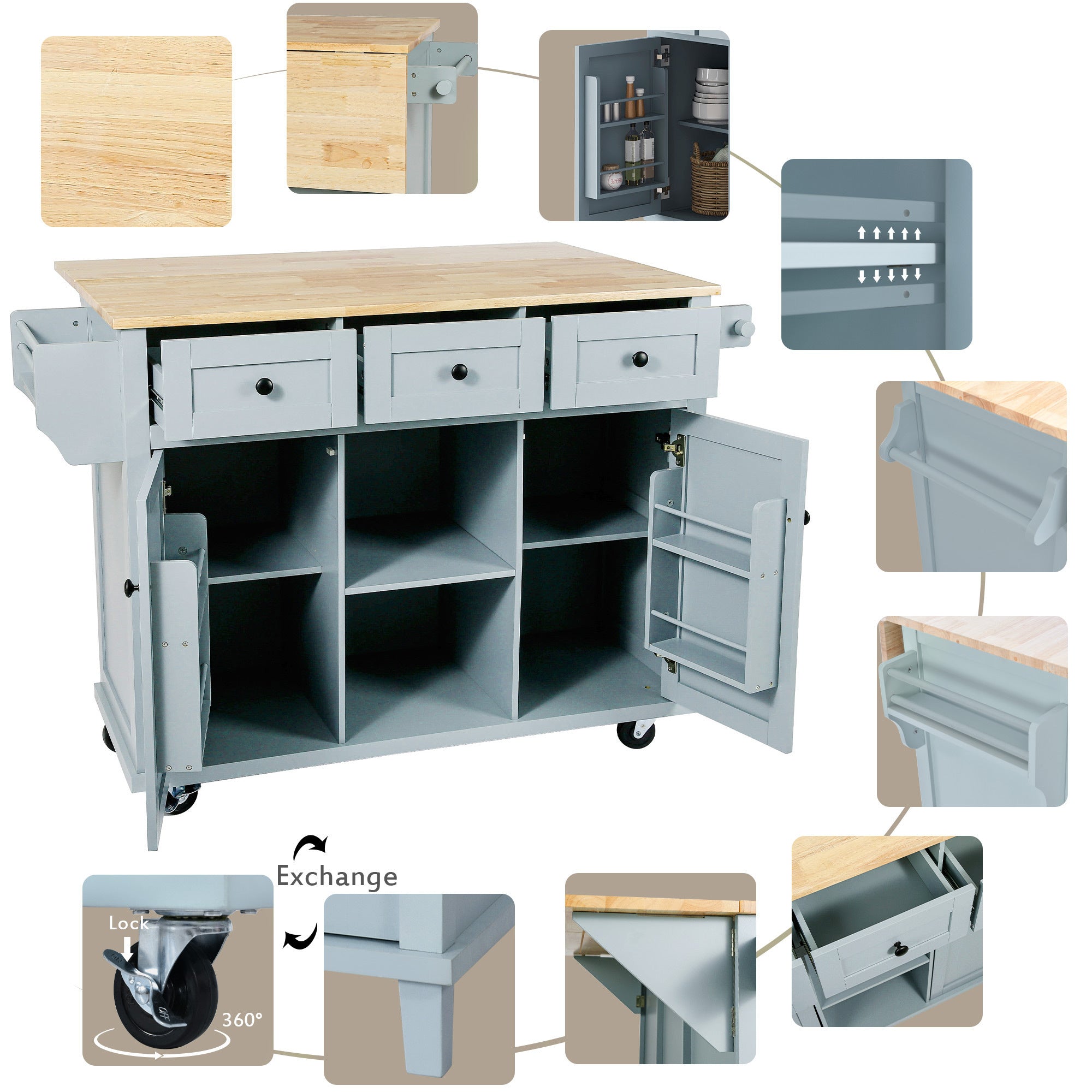 HAOYYE Kitchen Cart with Rubberwood Drop-Leaf Countertop, Cabinet Door Internal Storage Racks, Kitchen Island on 5 Wheels with Storage Cabinet and 3 Drawers for Dining Room, Grey Blue, Sturdy Space-Saving Design, Durable Home Furniture