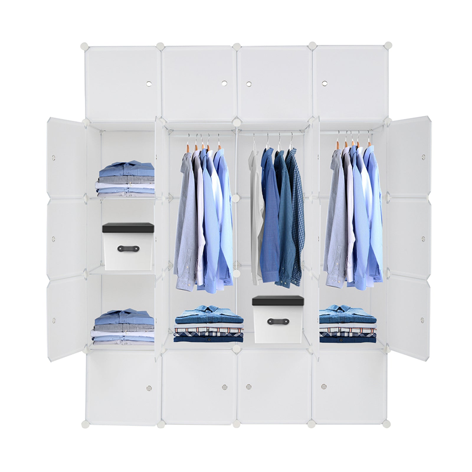 HAOYYE Modular 20-Cube Plastic Storage Organizer with Hanging Rod, Stackable Closet Shelves, Durable Multipurpose Storage Cabinet, Space-Saving Design for Clothes, Shoes, Accessories, Bedroom, Living Room, Office, White