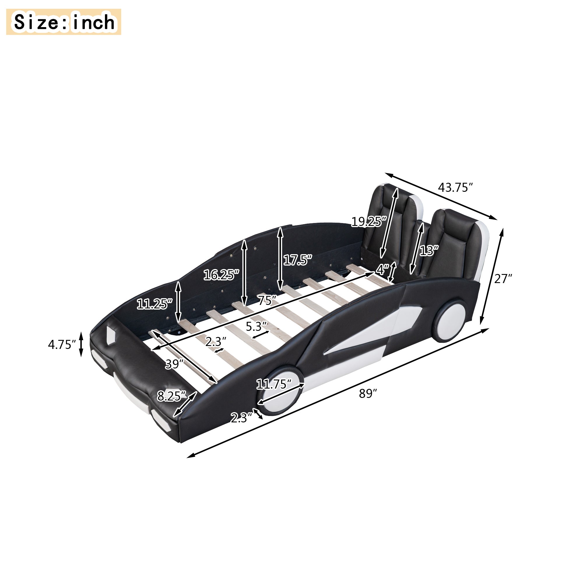 HAOYYE Twin Size Race Car-Shaped Platform Bed with Wheels, Black Sturdy Space-Saving Heavy Duty Modern Design Adults Dorm Room Easy Assembly Bedroom Furniture