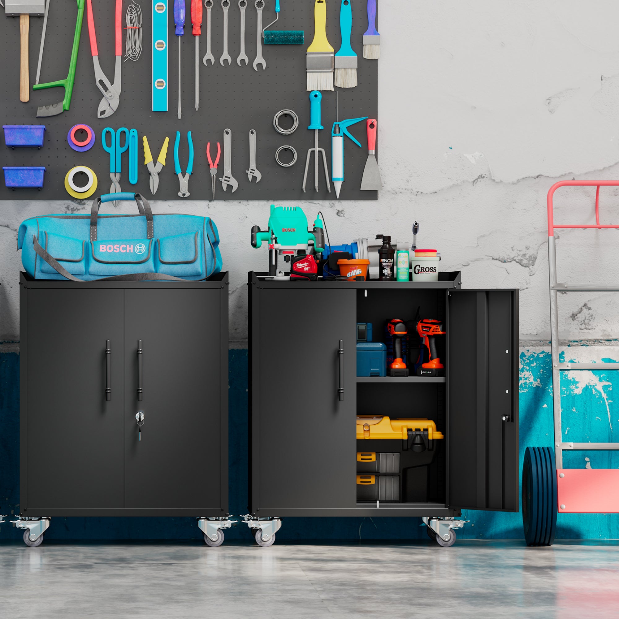 HAOYYE 2 Door Tool Cabinets for Garage, Lockable Garage Storage Cabinet, Locking Metal Storage Cabinet with Wheels, Rolling Tool Chest, Assembly Required H34*W30.3*D18 Sturdy Space-Saving Heavy Duty