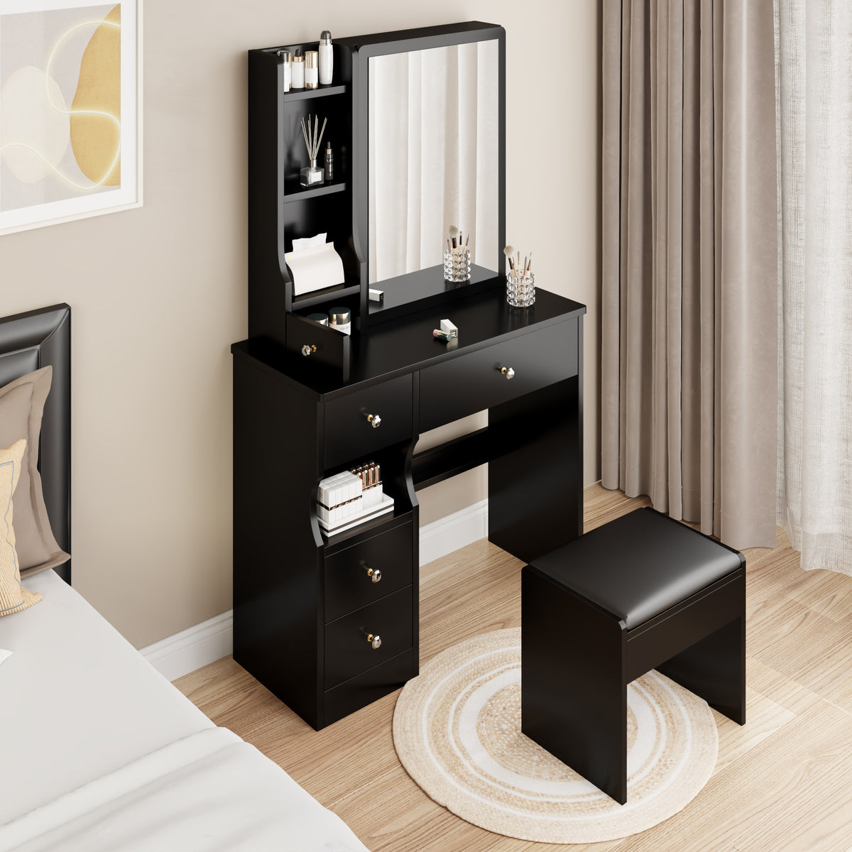 HAOYYE Left Drawer Desktop Vanity Table With Cushioned Stool, Modern Multi-Layer Storage Makeup Desk With Sliding Mirror, Stylish Functional Dresser For Compact Spaces, Ideal For Users Up To 5.6ft Tall