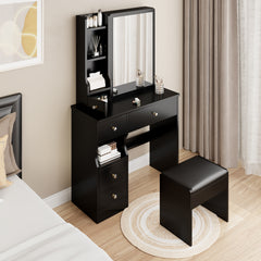 HAOYYE Left Drawer Desktop Vanity Table With Cushioned Stool, Modern Multi-Layer Storage Makeup Desk With Sliding Mirror, Stylish Functional Dresser For Compact Spaces, Ideal For Users Up To 5.6ft Tall