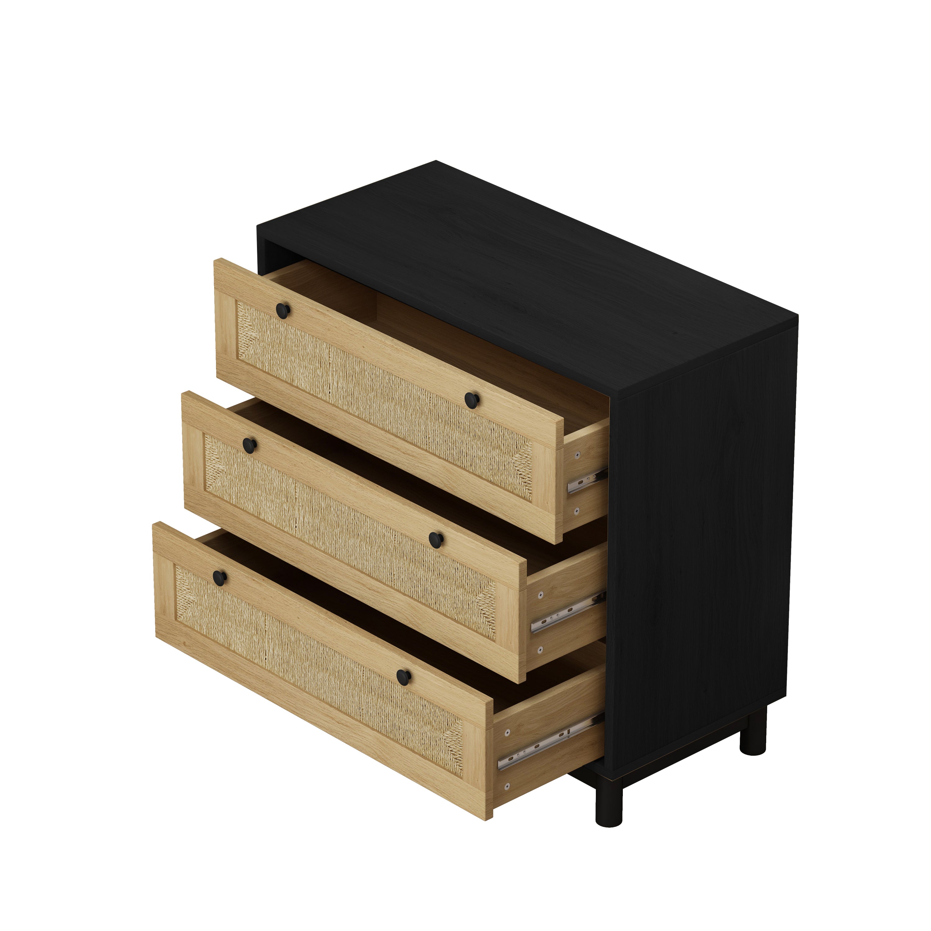 HAOYYE 3-Drawer Storage Cabinet with Rope Woven Drawers, Sturdy Black Design for Bedroom, Living Room, Dining Room, Hallways, Heavy Duty, Space-Saving, Durable, Easy Assembly, Stylish and Versatile Home Furniture