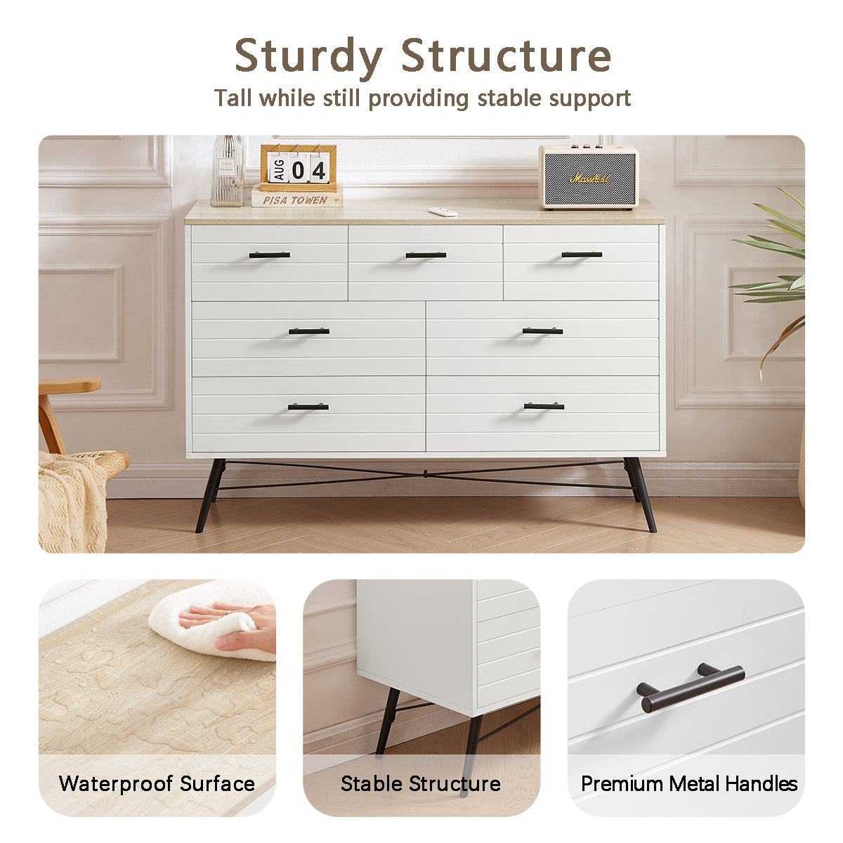 HAOYYE 7-Drawer Dresser for Bedroom with Deep Drawers, Modern White Wood Chest of Drawers, Long Storage Dresser for Closet and Living Room, White & Oak, Sturdy Space-Saving Design, Ideal for Organizing Clothes and Essentials