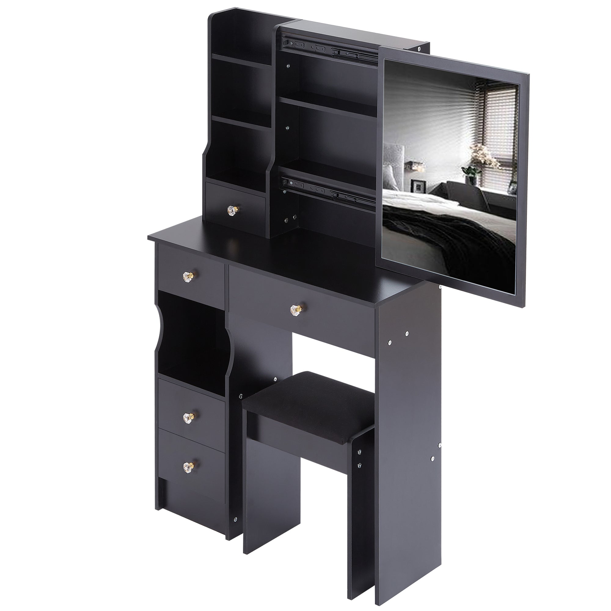 HAOYYE Small Size Left Drawer Desktop Vanity Table + Cushioned Stool, Extra Large Sliding Mirror, Multi Layer, High Capacity Storage Fashionable Dresser, Suitable for Small Space, EPA,GCC,UL Certificate