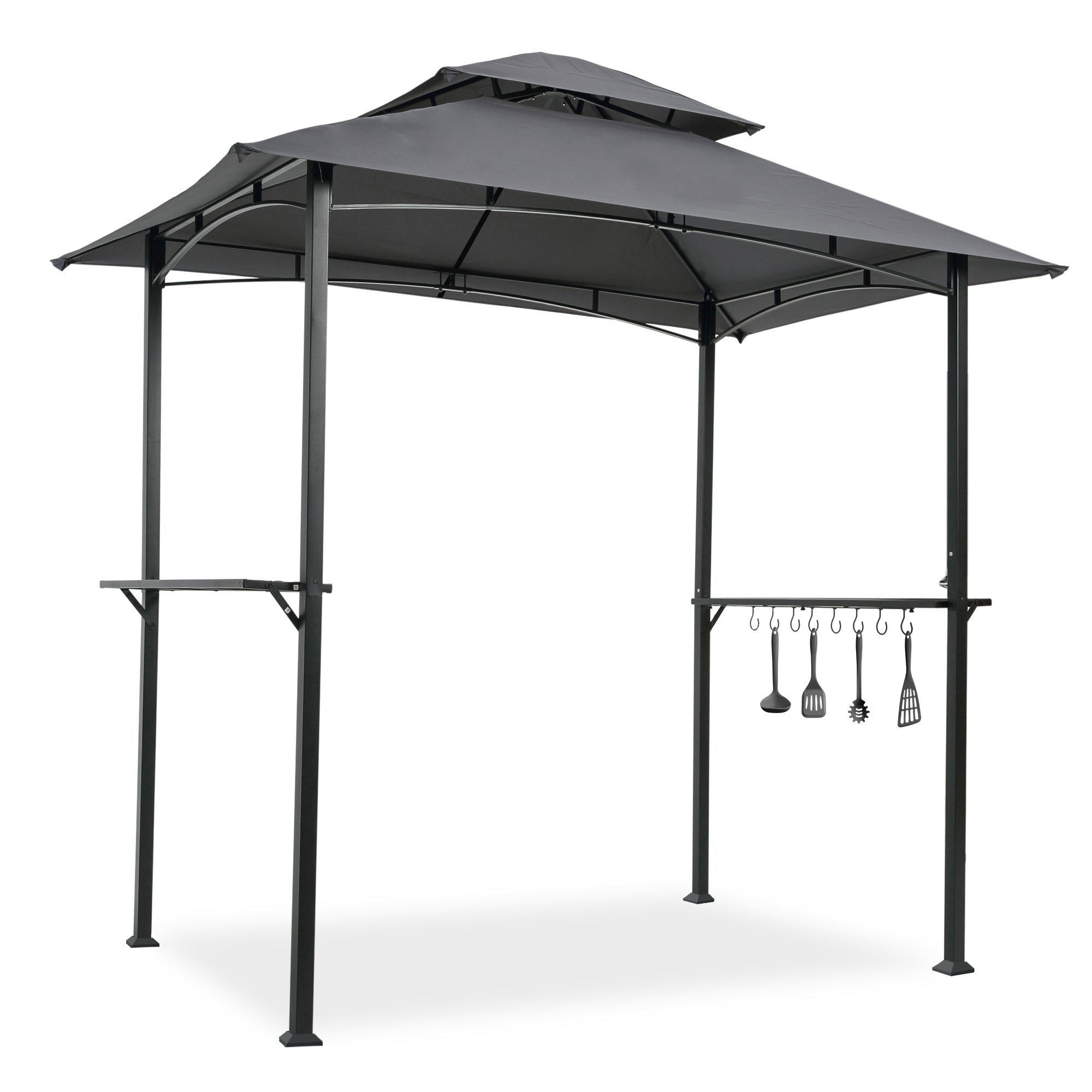 HAOYYE Outdoor Grill Gazebo 8x5 Ft Grey Shelter Tent with Double Tier Soft Top Canopy and Steel Frame Hook and Bar Counters BBQ Canopy for Patio Backyard Deck Garden Outdoor Cooking Station Waterproof Rust Resistant Vented Roof Easy Assembly