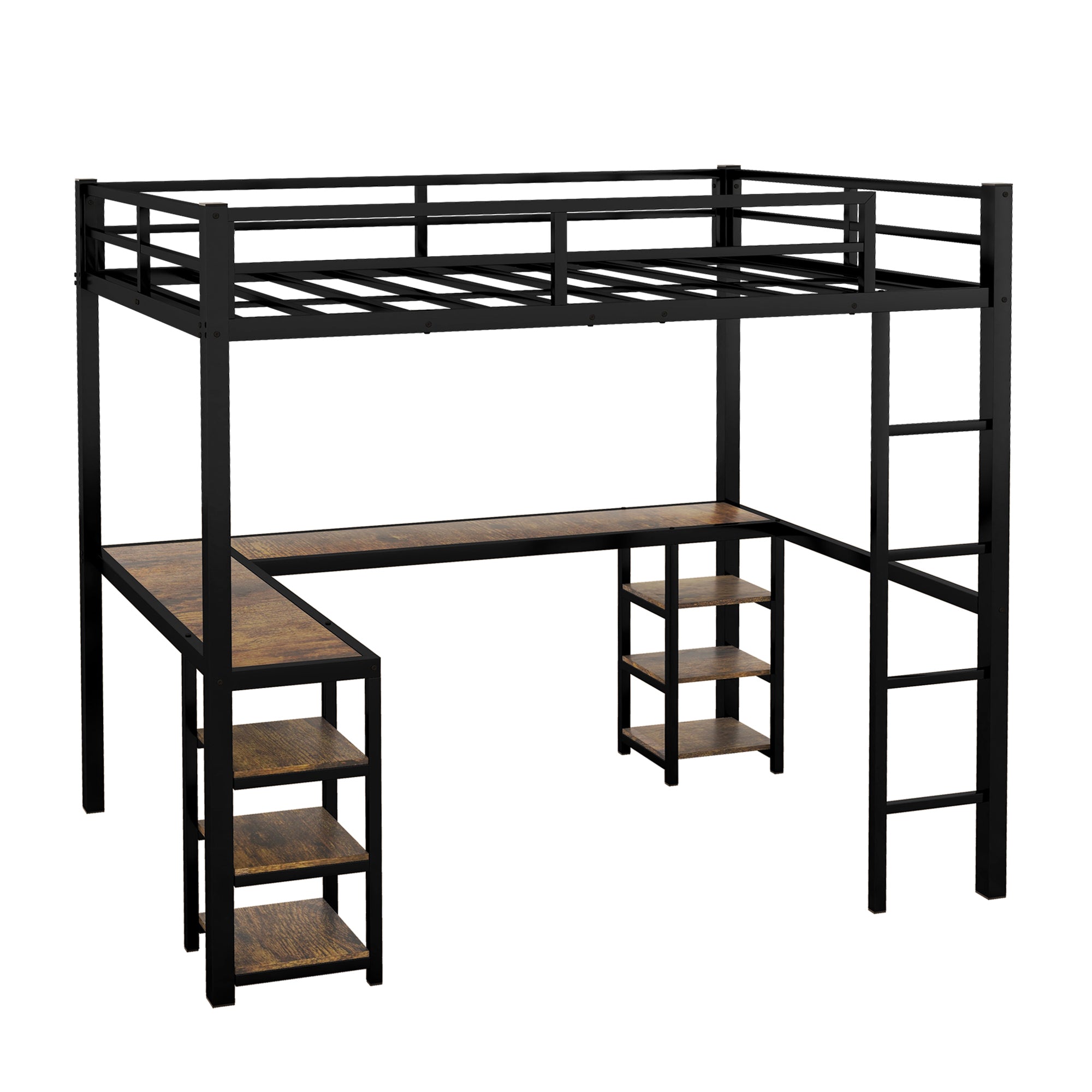 HAOYYE Full Metal Loft Bed with Desk and Shelves, Loft Bed with Ladder and Guardrails, Loft Bed Frame for Bedroom, Black with Vintage wood-colored desk Sturdy Space-Saving Heavy Duty Modern Design