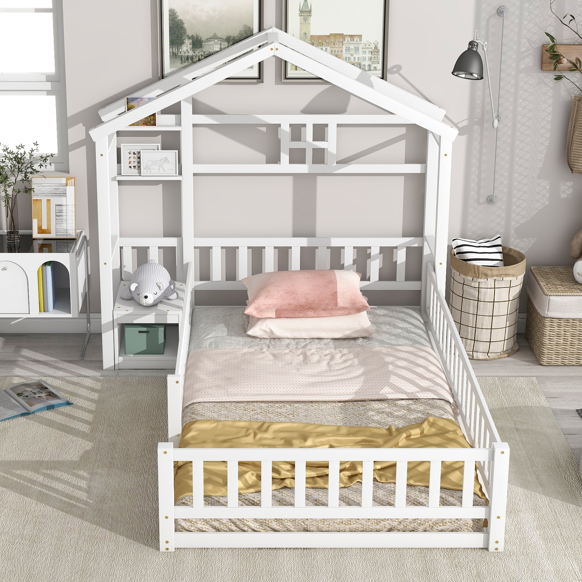 HAOYYE Twin Size House Shape Headboard Floor Bed with Guardrails, Slats Support, Nightstand ,White Sturdy Space-Saving Heavy Duty Modern Design Adults Dorm Room Easy Assembly Bedroom Furniture