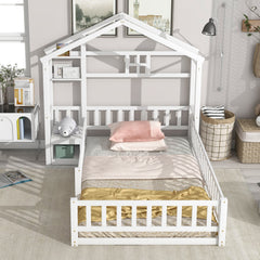 HAOYYE Twin Size House Shape Headboard Floor Bed with Guardrails, Slats Support, Nightstand ,White Sturdy Space-Saving Heavy Duty Modern Design Adults Dorm Room Easy Assembly Bedroom Furniture