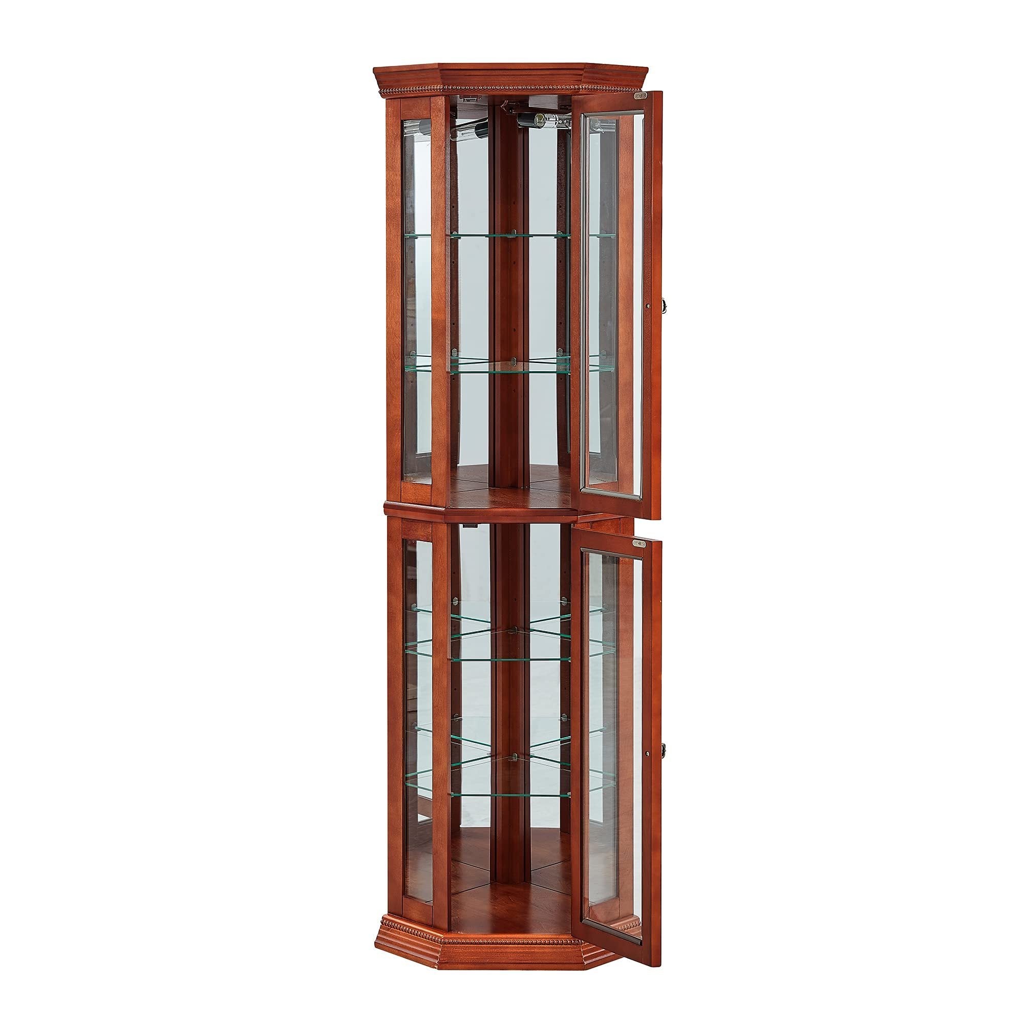 HAOYYE Corner Curio Cabinet with Lights, Adjustable Tempered Glass Shelves, Mirrored Back, Display Cabinet,Light Walnut (E26 light bulb not included) Sturdy Space-Saving Heavy Duty Modern Design Adults