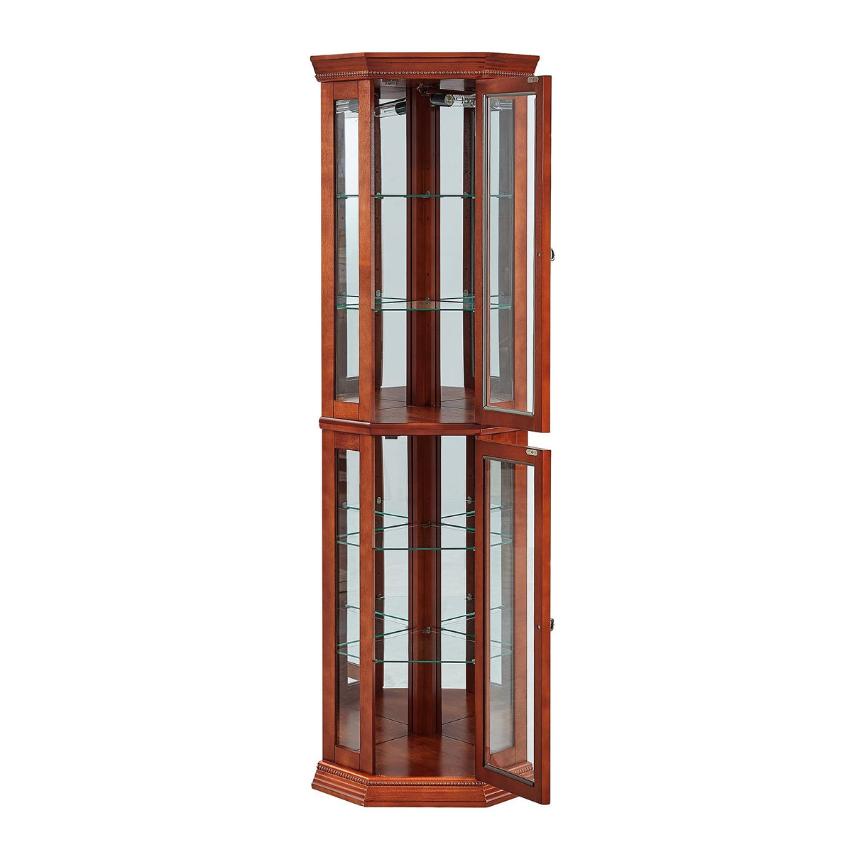 HAOYYE Corner Curio Cabinet with Lights, Adjustable Tempered Glass Shelves, Mirrored Back, Display Cabinet,Light Walnut (E26 light bulb not included) Sturdy Space-Saving Heavy Duty Modern Design Adults