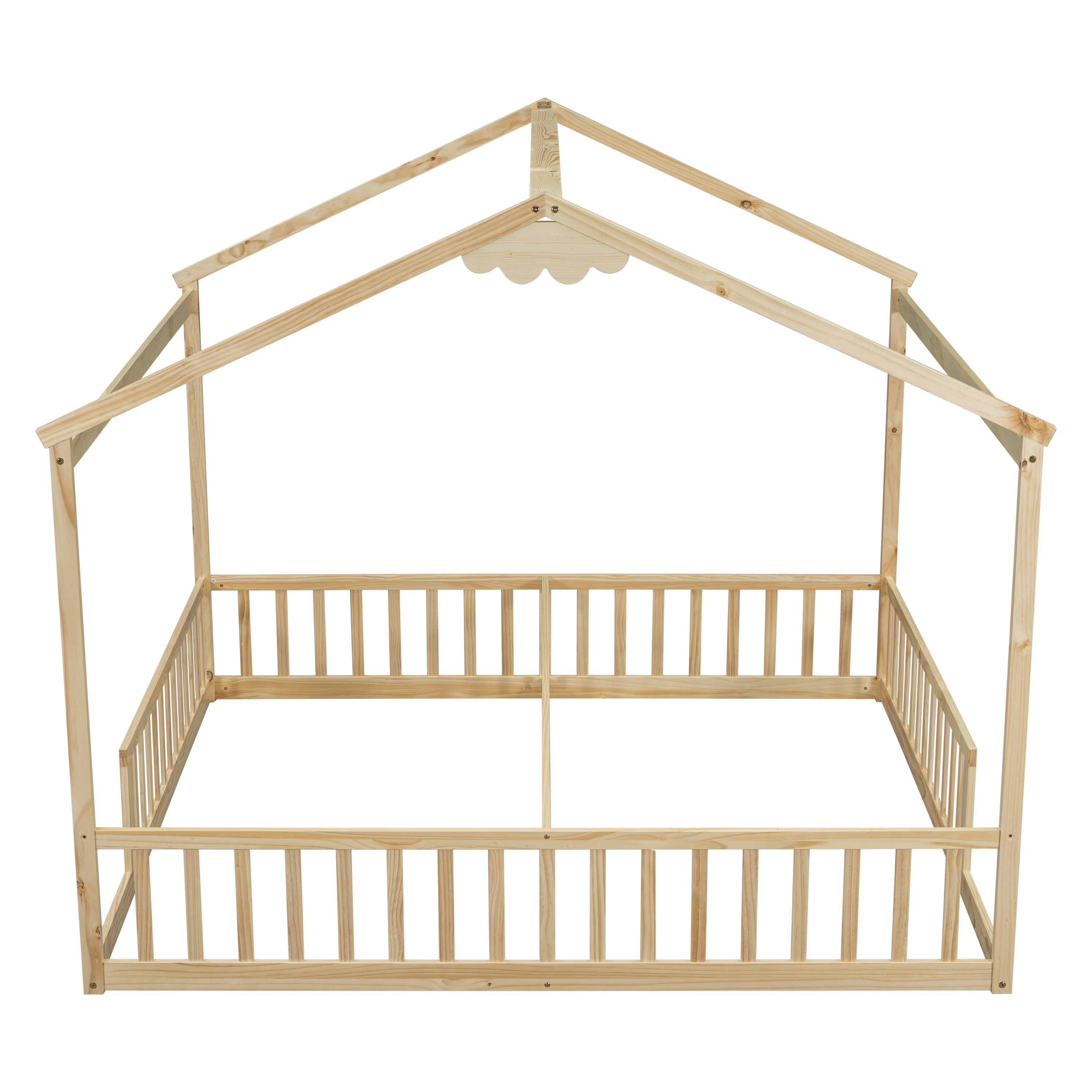 HAOYYE Double Twin House-Style Floor Bed with Fence, Guardrails, without door, Natural Sturdy Space-Saving Heavy Duty Modern Design Adults Dorm Room Easy Assembly Bedroom Furniture