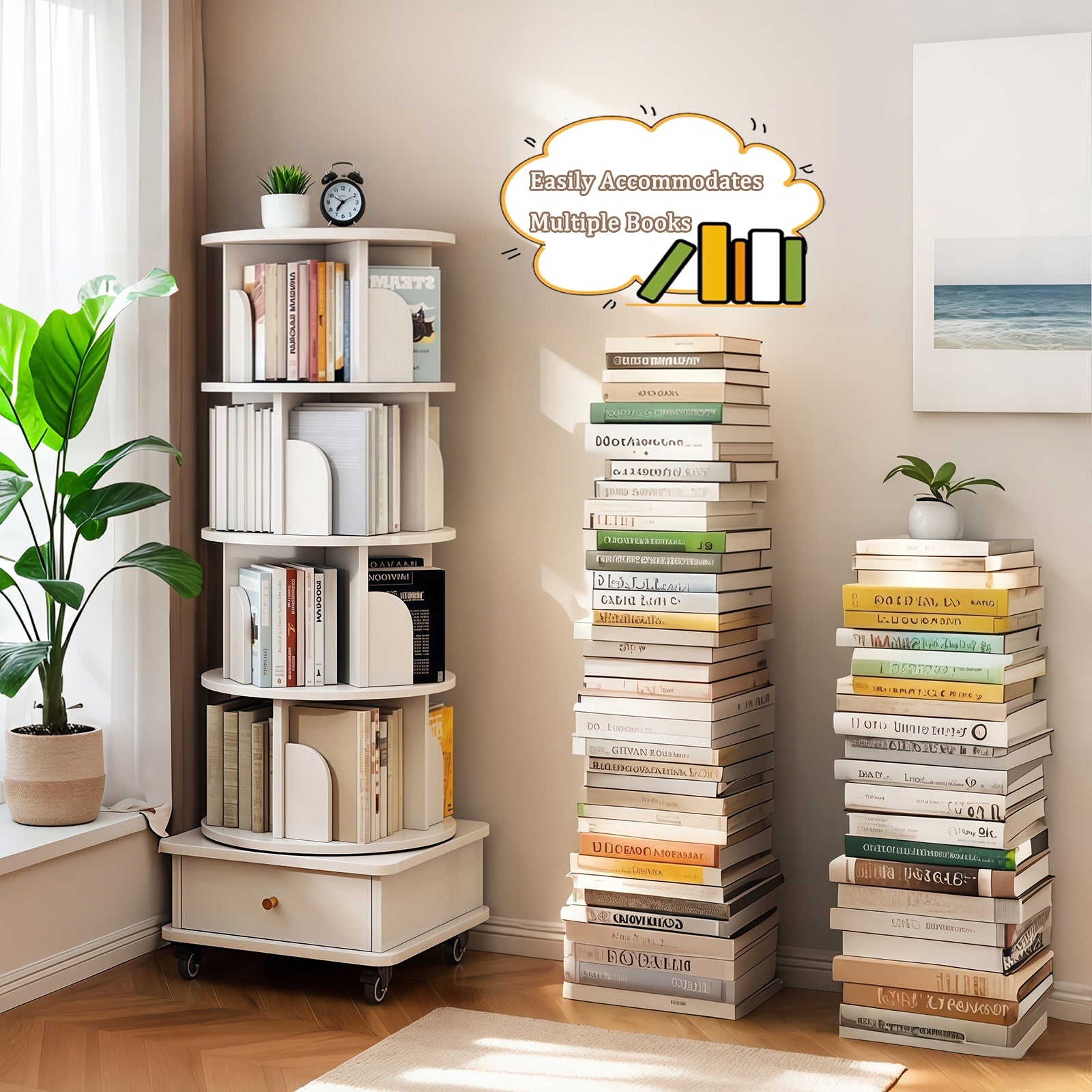 HAOYYE 5 Tier Rotating Bookshelf Tower with 360 Degree Swivel Display, Drawer Storage, Universal Wheels and Modern Round Design, Space-Saving Standing Bookcase for Home Office Bedroom or Living Room in Warm White