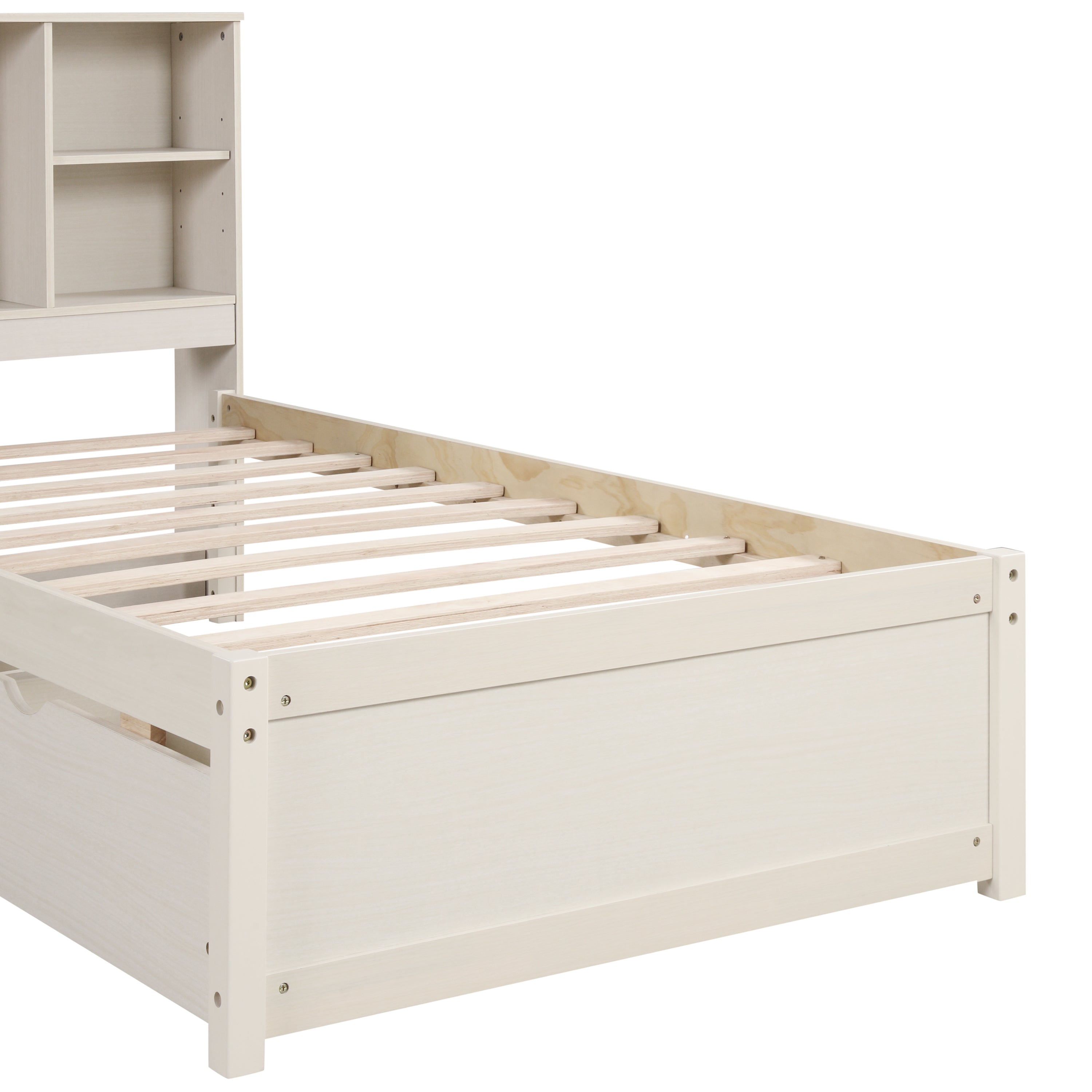 HAOYYE Modern Twin Size Bed Frame with Built-In USB Port on Bookcase Headboard and Two Drawers for White Washed Color, Sturdy Space-Saving Design, Heavy Duty Construction, Easy Assembly, Durable and Stylish Home Furniture