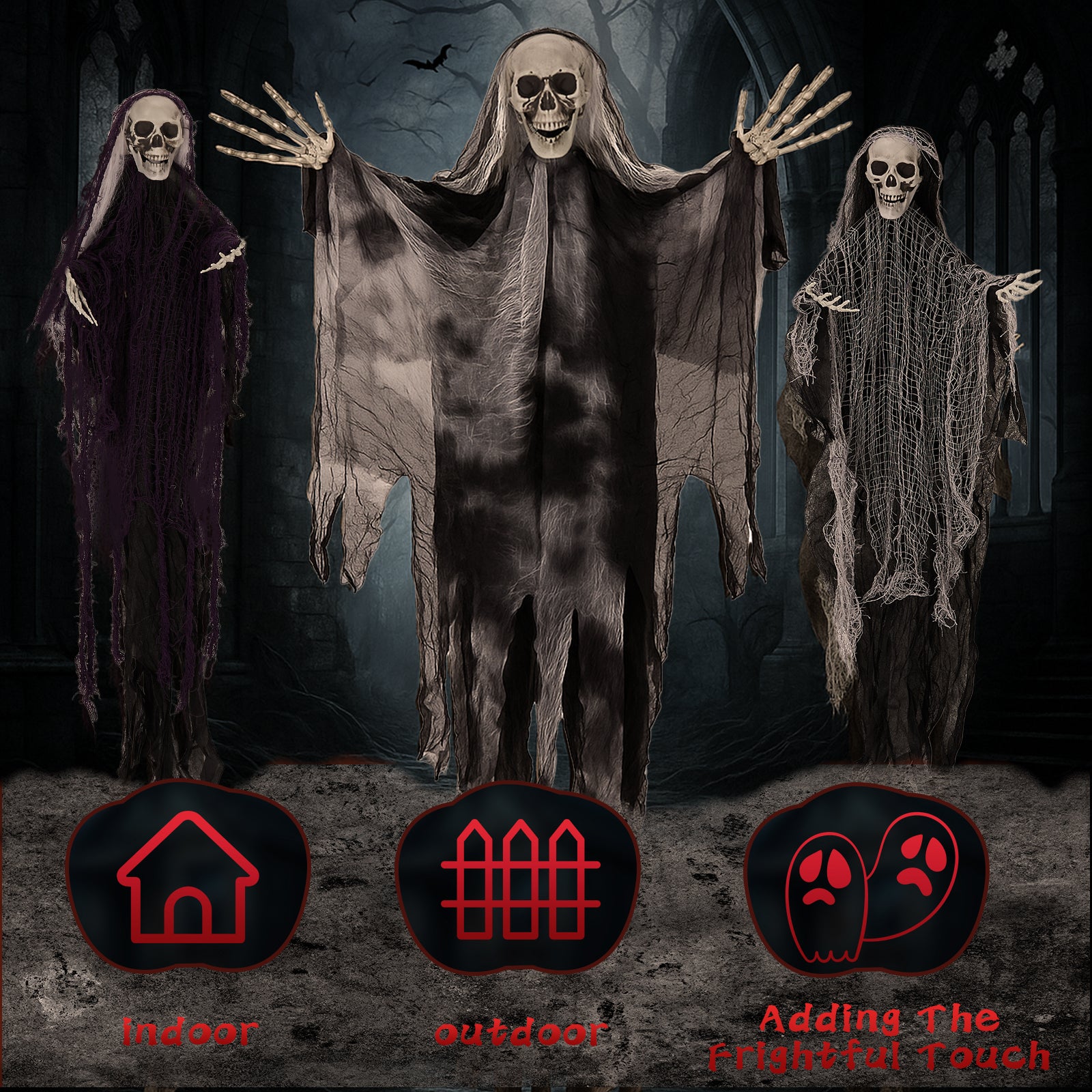 HAOYYE Halloween Hanging Skeleton Ghost Decorations 3-Pack Set Grim Reapers with Adjustable Arms for Spooky Outdoor and Indoor Halloween Party Decor Durable Plastic and Fabric