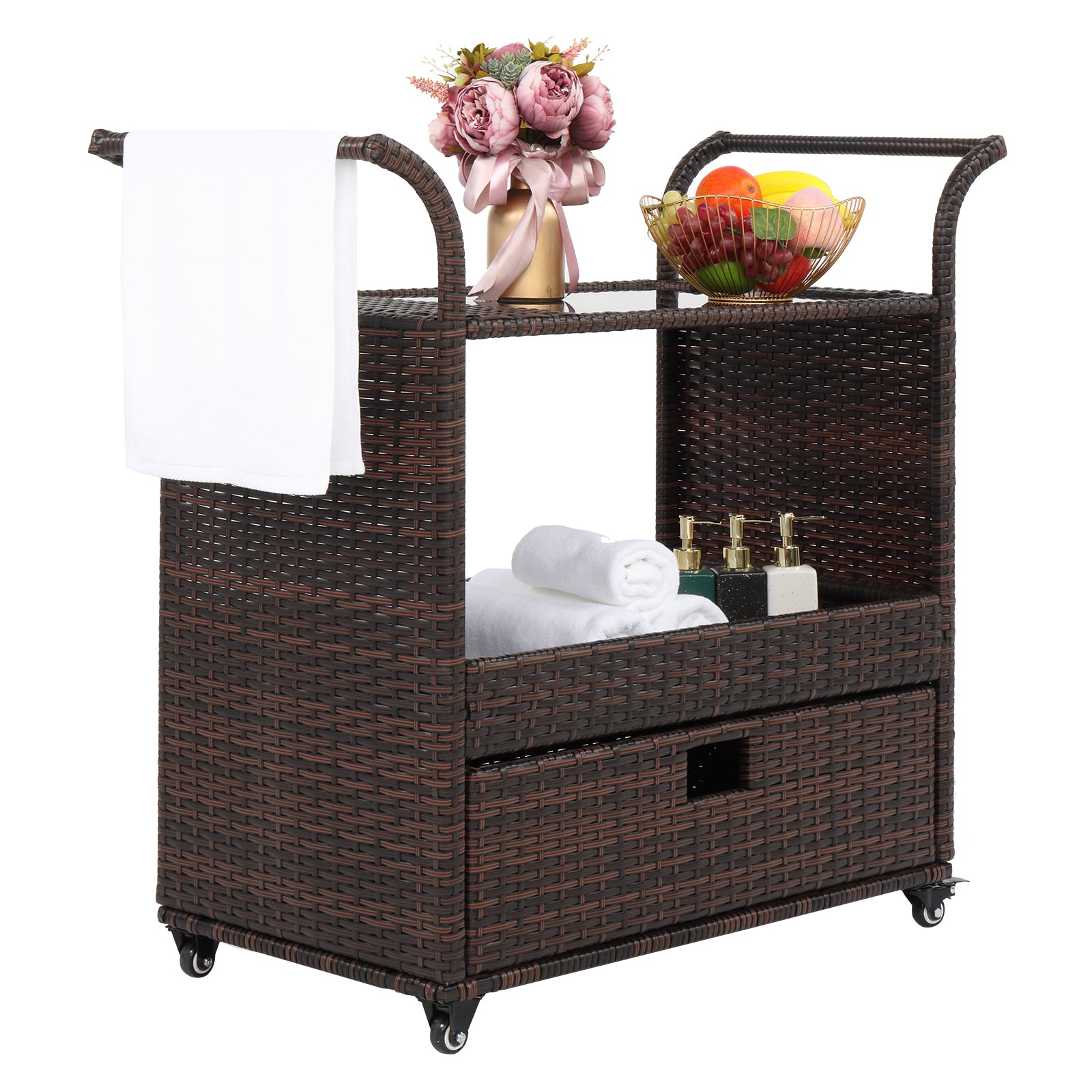 HAOYYE Outdoor Wicker Rattan Bar Cart on Wheels Brown Gradient Rolling Serving Sideboard with Storage for Patio Garden Balcony Party Beverage Station Portable Outdoor Furniture