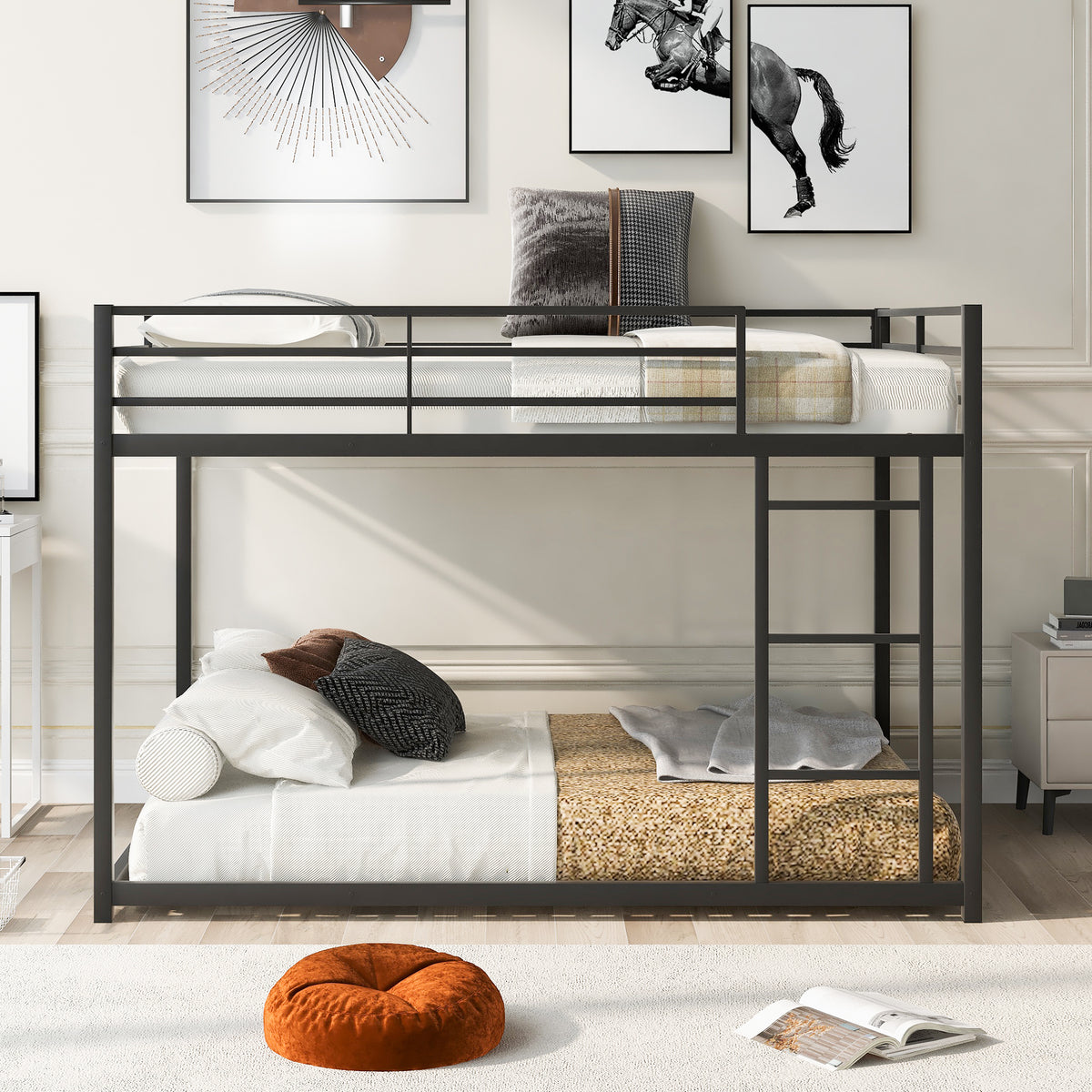 HAOYYE Full over Full Metal Bunk Bed, Low Bunk Bed with Ladder, Heavy Duty Space-Saving, Durable Modern Design, Easy Assembly, Sturdy Bedroom Furniture, Stylish Black Bunk Bed for Kids & Adults, Versatile Home Sleeping Solution