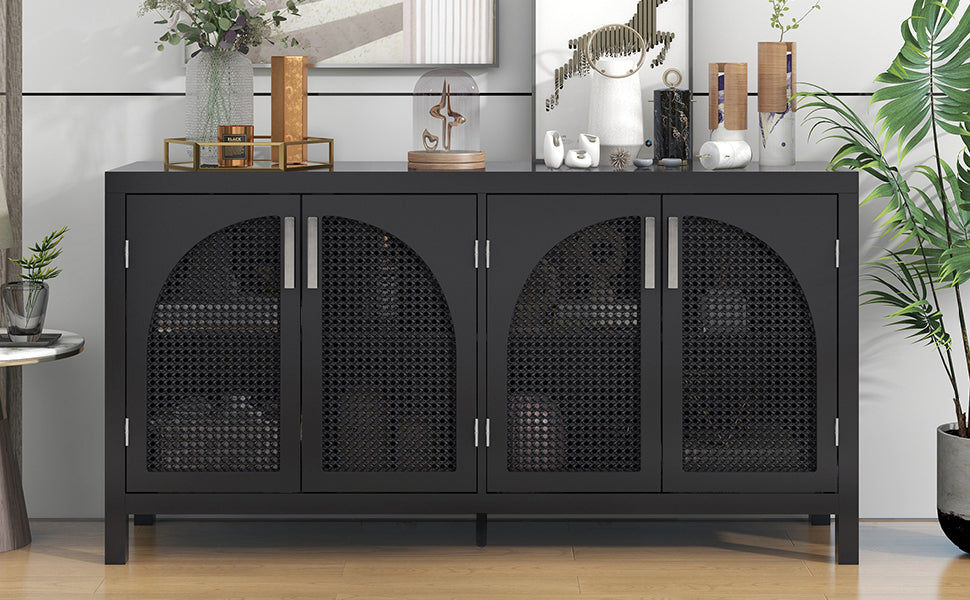 HAOYYE Large Storage Space Sideboard with Artificial Rattan Door and Metal Handles for Living Room and Entryway (Black) Sturdy Space-Saving Heavy Duty Modern Design Adults Dorm Room Easy Assembly