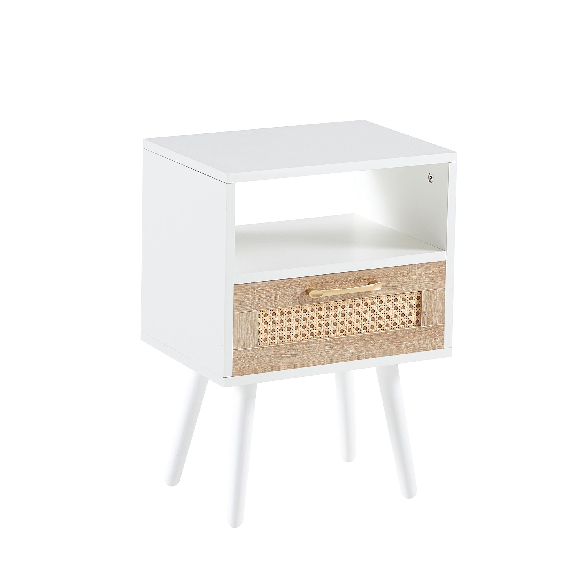 HAOYYE Rattan End Table With Drawer And Solid Wood Legs, Modern Nightstand For Bedroom And Living Room, Sturdy Space-Saving Heavy Duty Design, Easy Assembly, White
