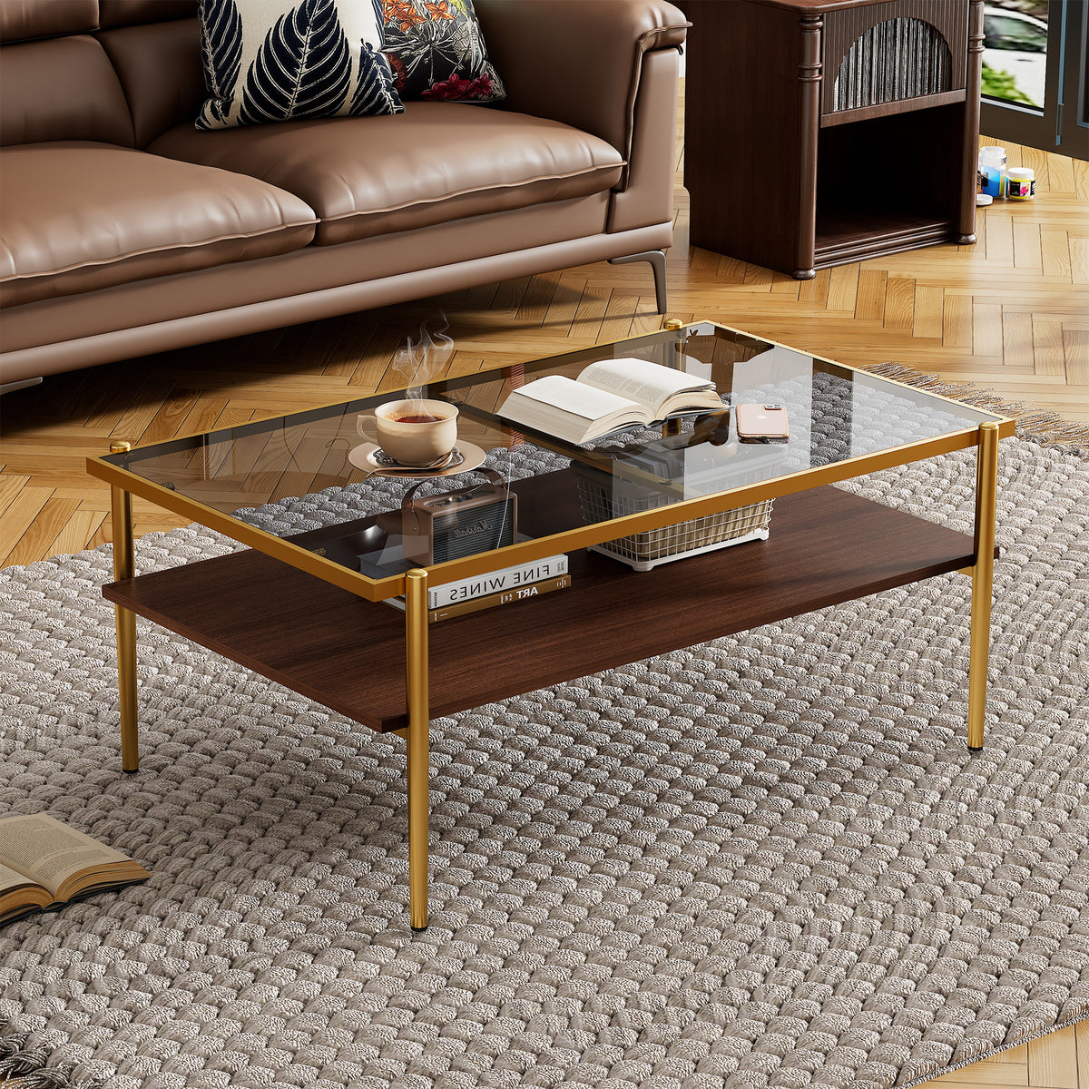 HAOYYE Rectangle Coffee Table with Gray Tempered Glass top and Golden Legs, Modern Table for Living Room Sturdy Space-Saving Heavy Duty Modern Design Adults Dorm Room Easy Assembly Bedroom Furniture
