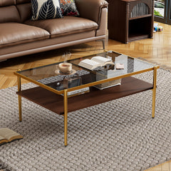 HAOYYE Rectangle Coffee Table with Gray Tempered Glass top and Golden Legs, Modern Table for Living Room Sturdy Space-Saving Heavy Duty Modern Design Adults Dorm Room Easy Assembly Bedroom Furniture
