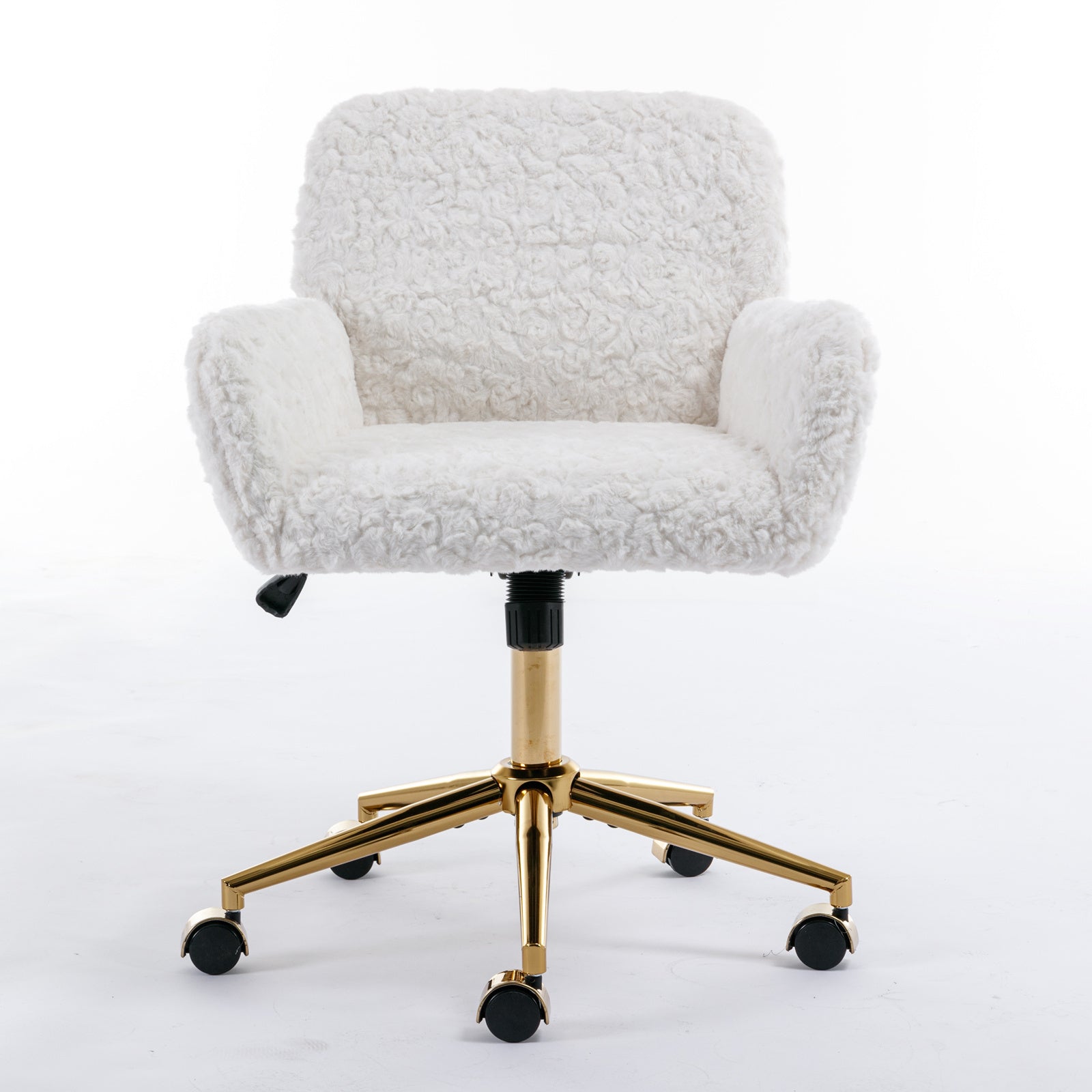 HAOYYE Artificial Rabbit Hair Home Office Chair With Golden Metal Base, Adjustable Swivel Desk Chair, Modern Beige Vanity Chair, Sturdy Space-Saving Heavy Duty Design