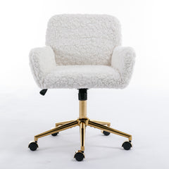 HAOYYE Artificial Rabbit Hair Home Office Chair With Golden Metal Base, Adjustable Swivel Desk Chair, Modern Beige Vanity Chair, Sturdy Space-Saving Heavy Duty Design