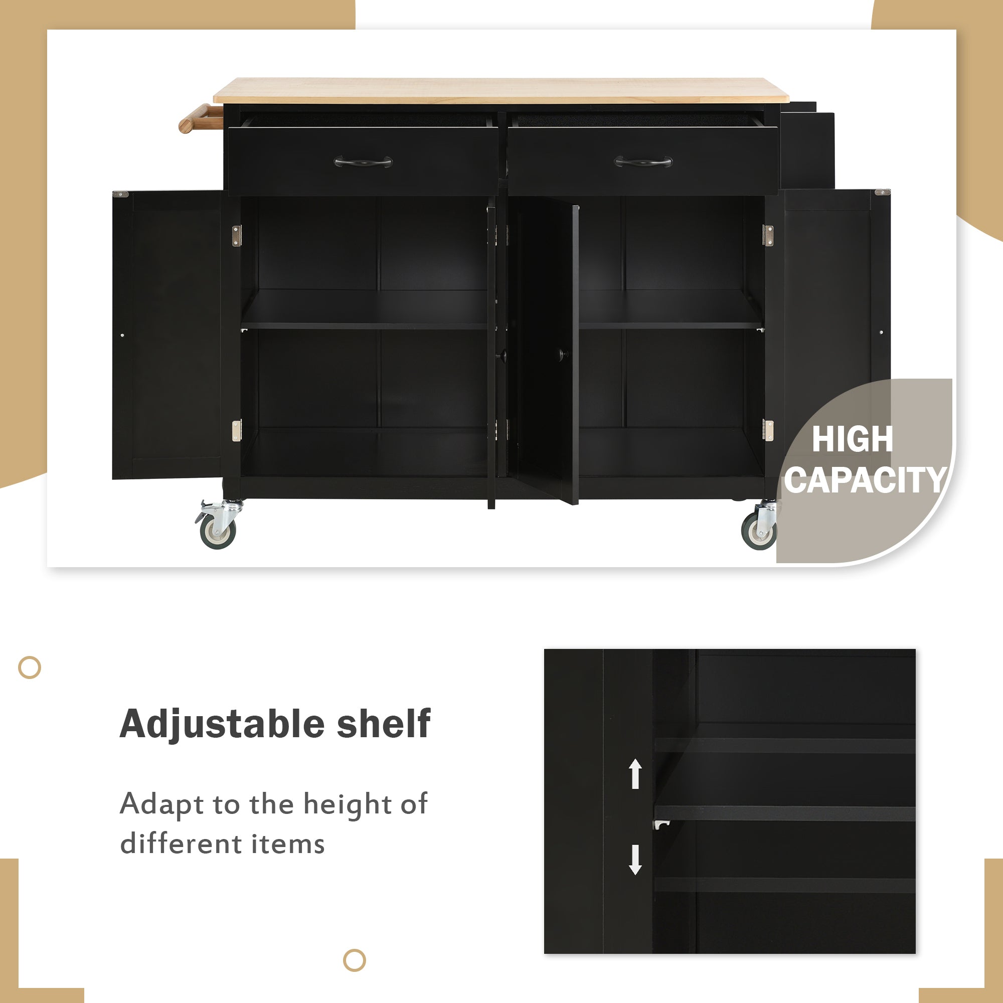 HAOYYE Kitchen Island Cart with Solid Wood Top, 4-Door Cabinet, Two Drawers, Spice Rack, and Towel Rack, Black Modern Kitchen Storage, Heavy Duty, Space-Saving Design, Mobile Island for Kitchen or Dining Room