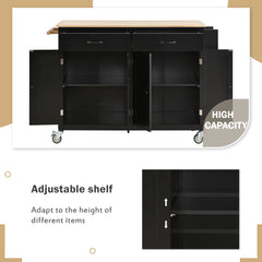 HAOYYE Kitchen Island Cart with Solid Wood Top, 4-Door Cabinet, Two Drawers, Spice Rack, and Towel Rack, Black Modern Kitchen Storage, Heavy Duty, Space-Saving Design, Mobile Island for Kitchen or Dining Room