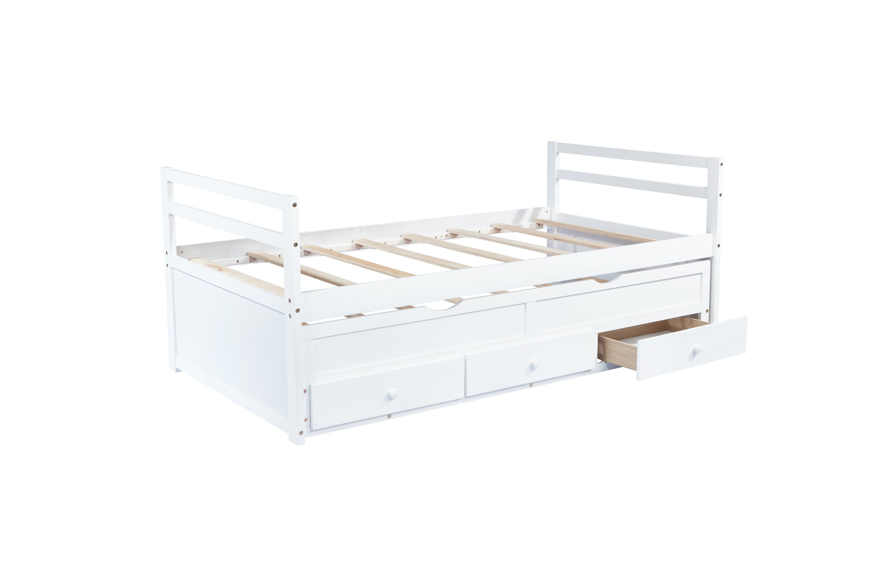 HAOYYE Twin Bed with Headboard, Footboard, Trundle and Storage Drawers, Pine Wood Twin Size Bed, White, Sturdy Space-Saving Heavy Duty Construction, Ideal for Adults and Dorm Rooms