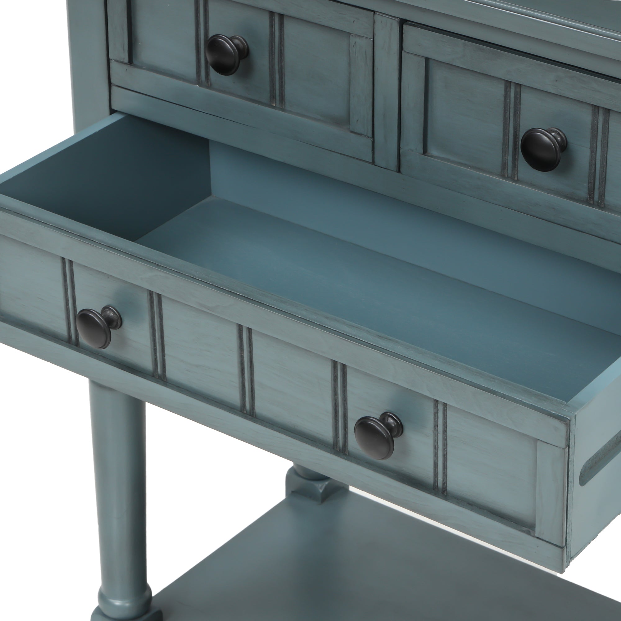 HAOYYE Narrow Console Table, Slim Sofa Table with Three Storage Drawers and Bottom Shelf for Living Room, Navy, Sturdy Space-Saving Design, Heavy Duty Construction, Easy Assembly, Durable and Stylish Home Furniture, Versatile for Hallway or Entryway Use