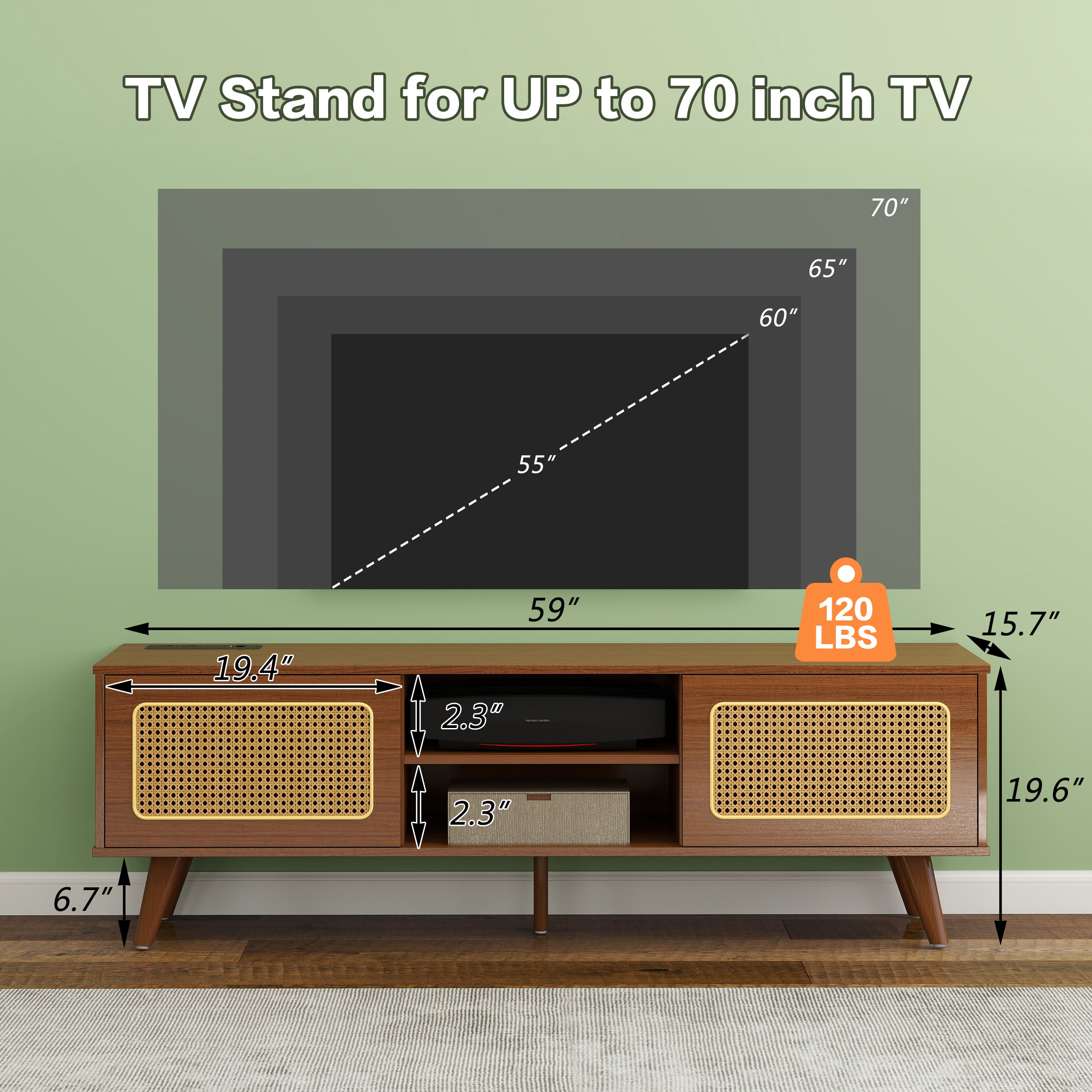 HAOYYE Mid Century Modern Rattan TV Stand for 55/60/65 inch TV , Entertainment Cabinet, Media Console for Living Room Bedroom Media Room, Solid Wood Feet & Rattan Cabinet Doors (Walnut, 59") Sturdy